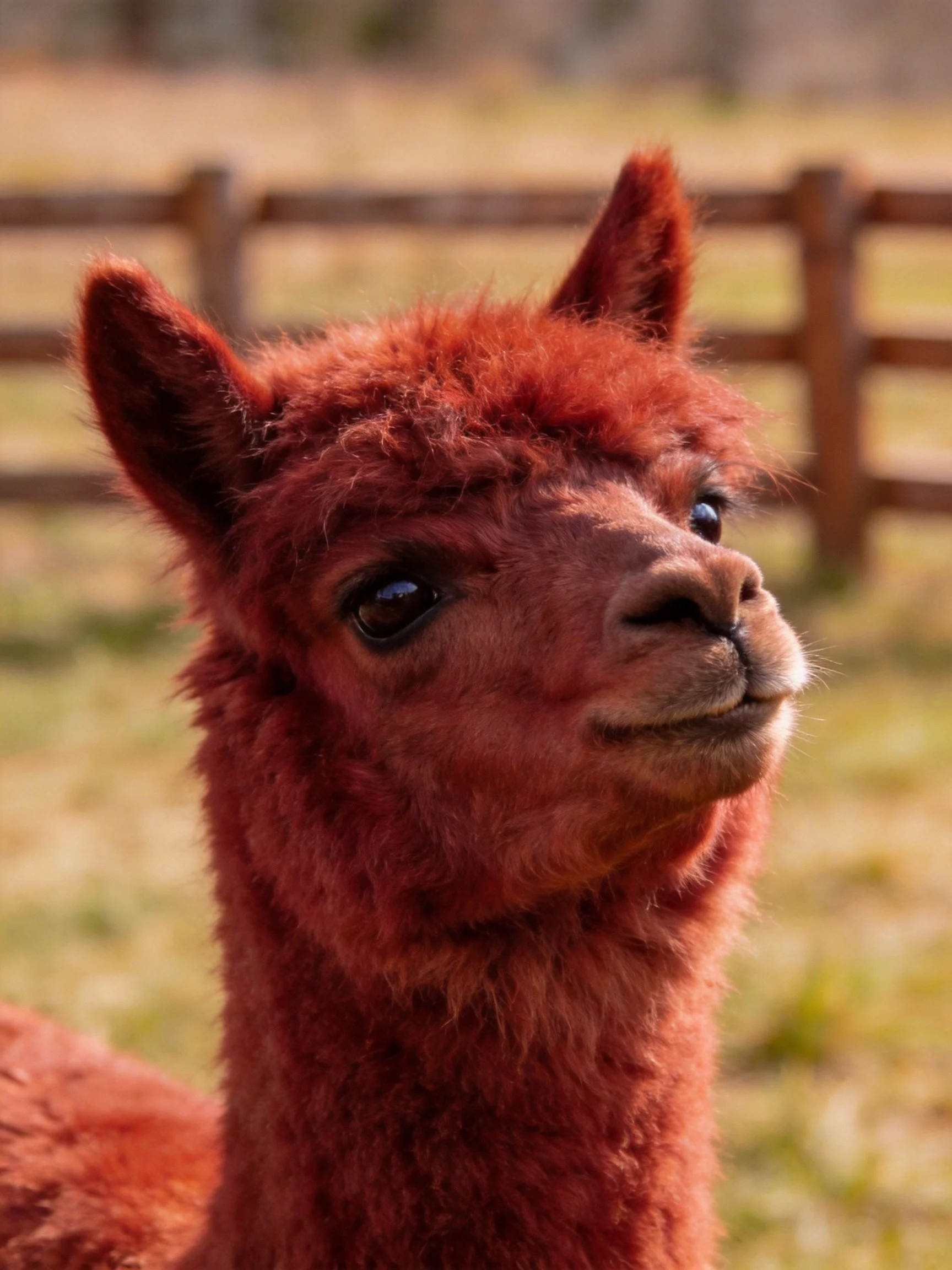A close - up of a reddish - brown baby alpaca near a wooden fence