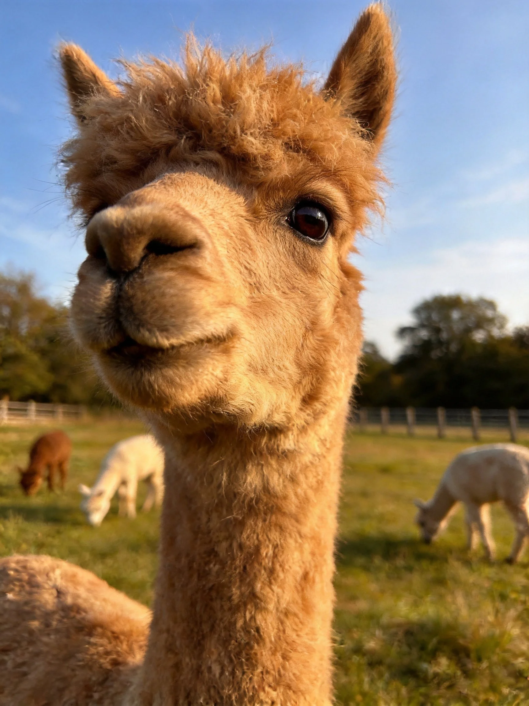 A close - up of a tan alpaca with grazing companions in a sunny meadow