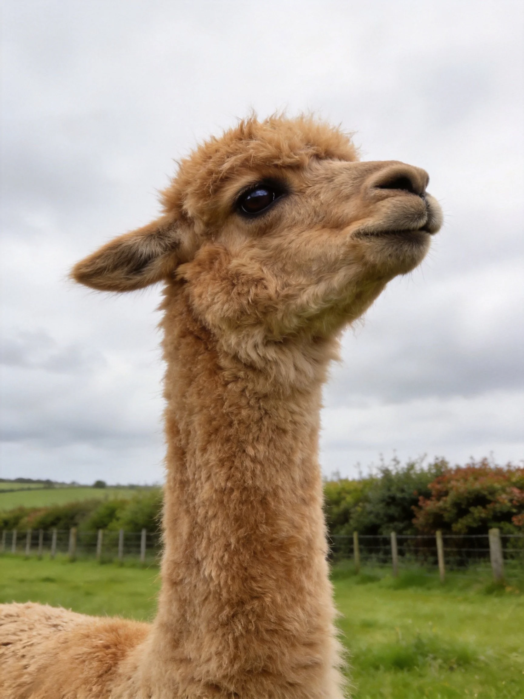 A close - up of a tan alpaca with thick, fluffy fur