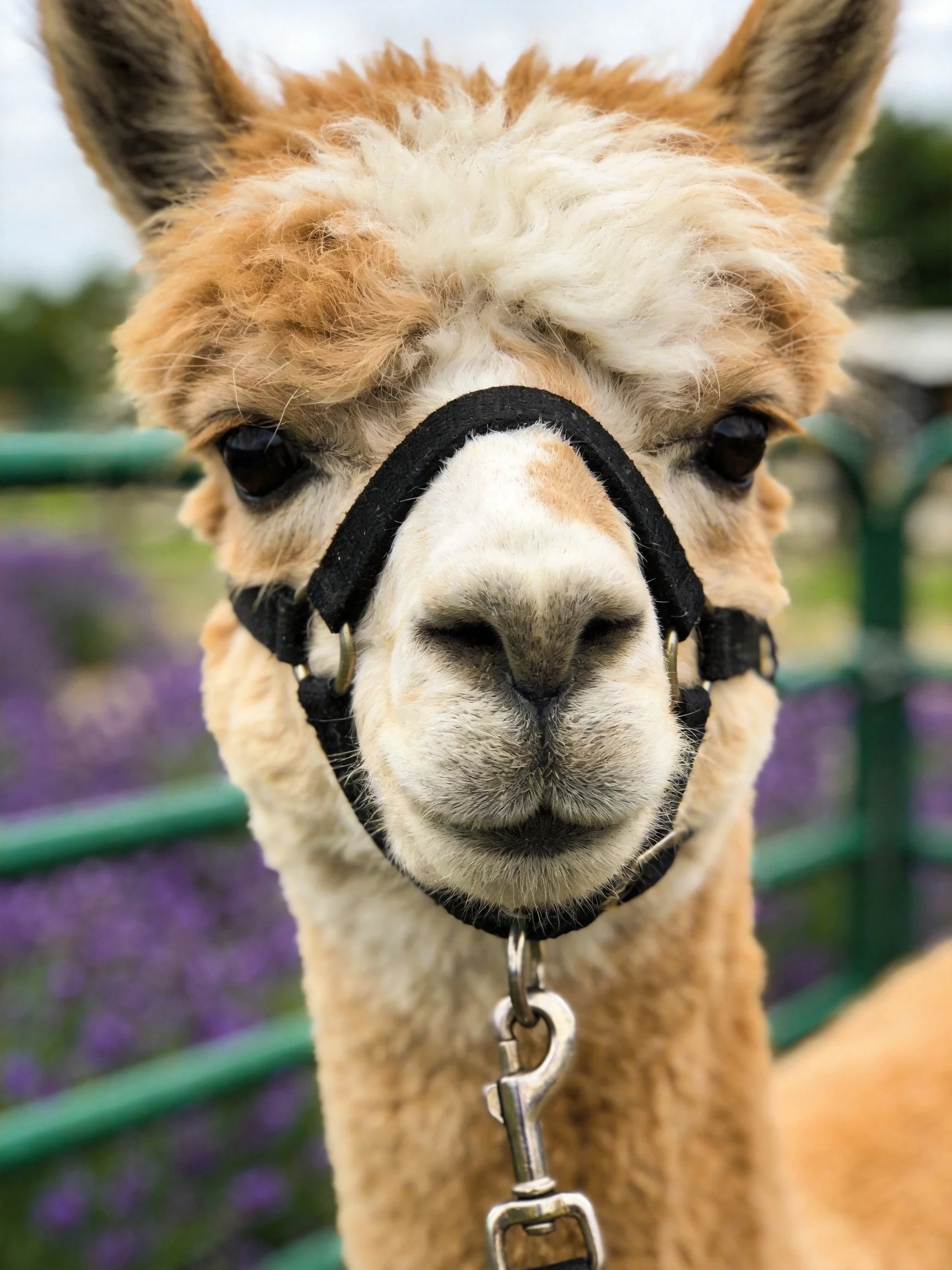 A close - up of a tan and white alpaca wearing a black halter near purple flowers