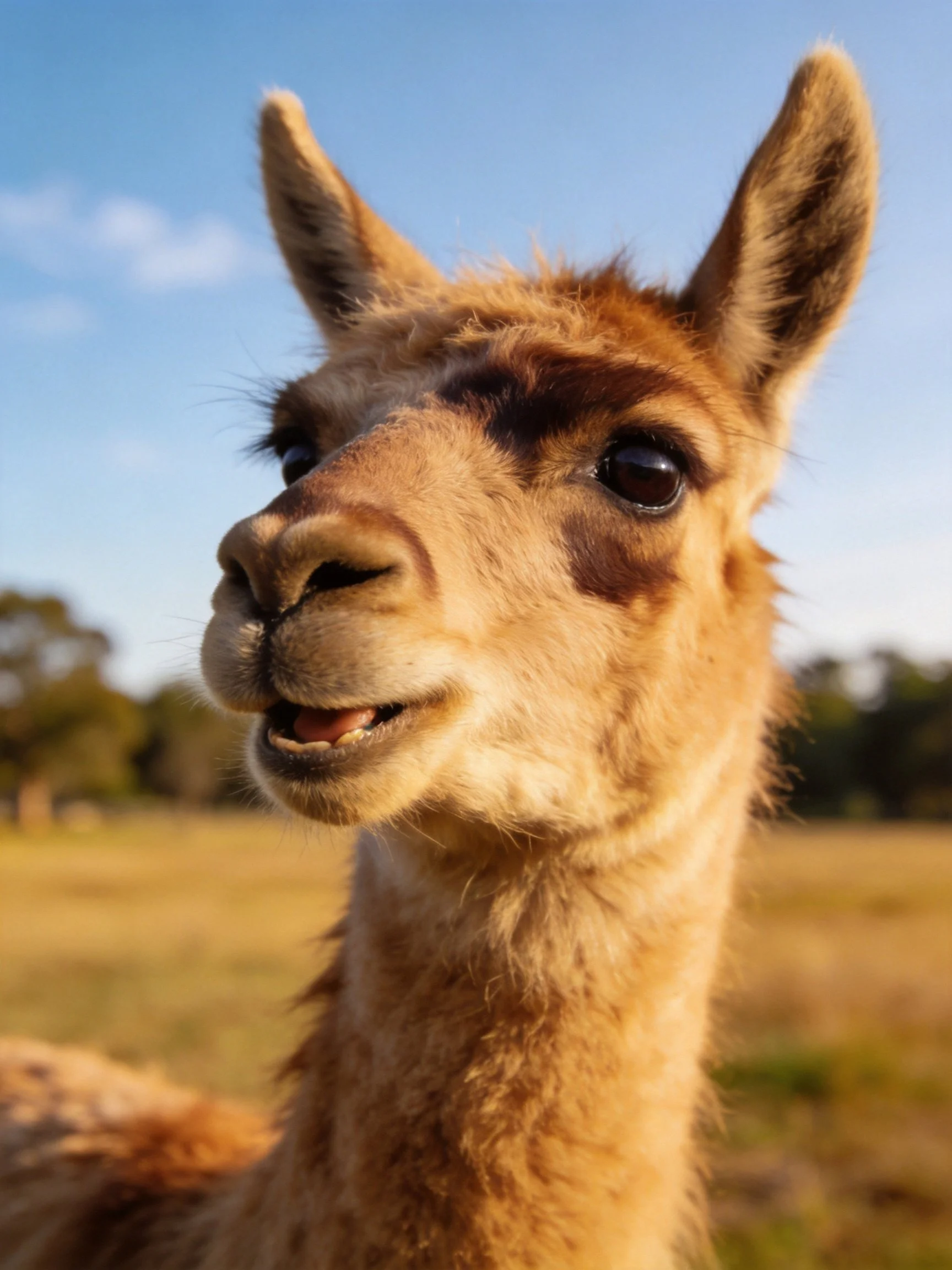 A close - up of a tan llama with brown facial markings