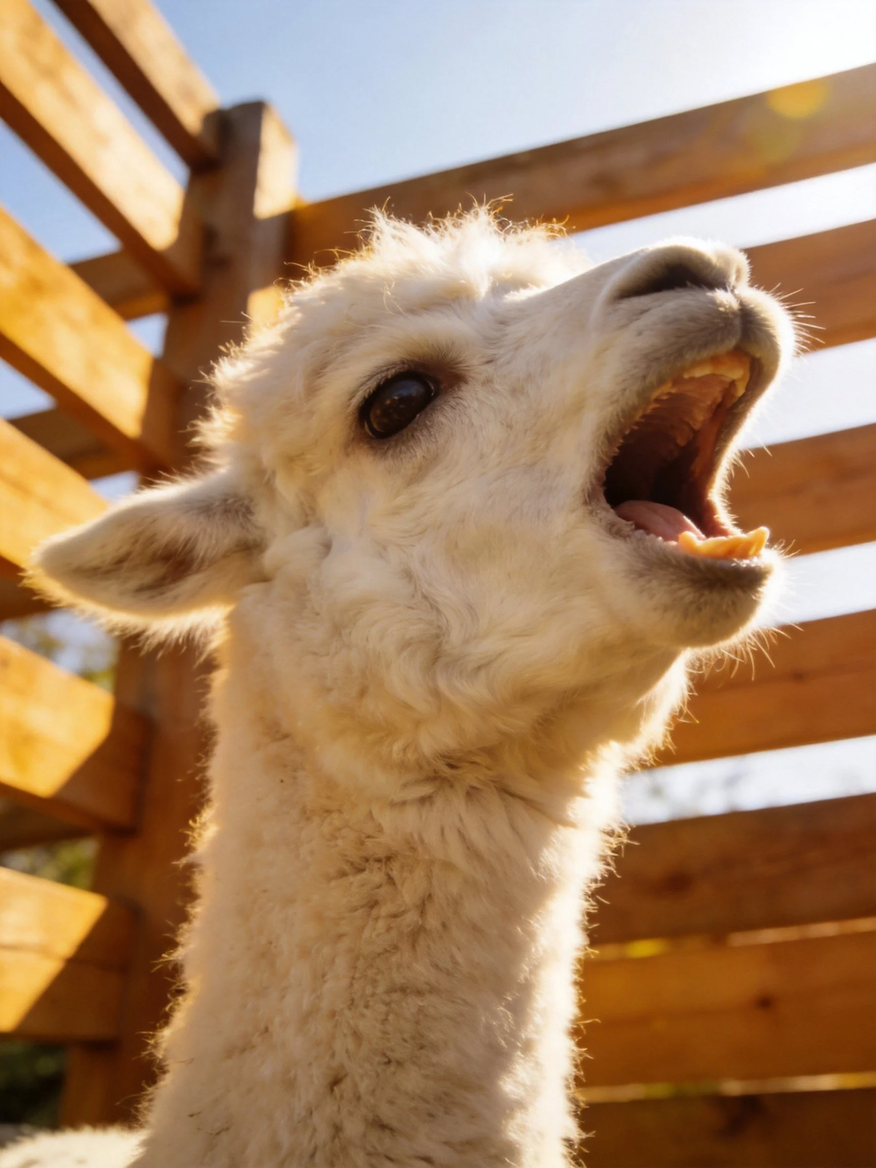 A white alpaca vocalizes beside wooden structures in bright daylight.