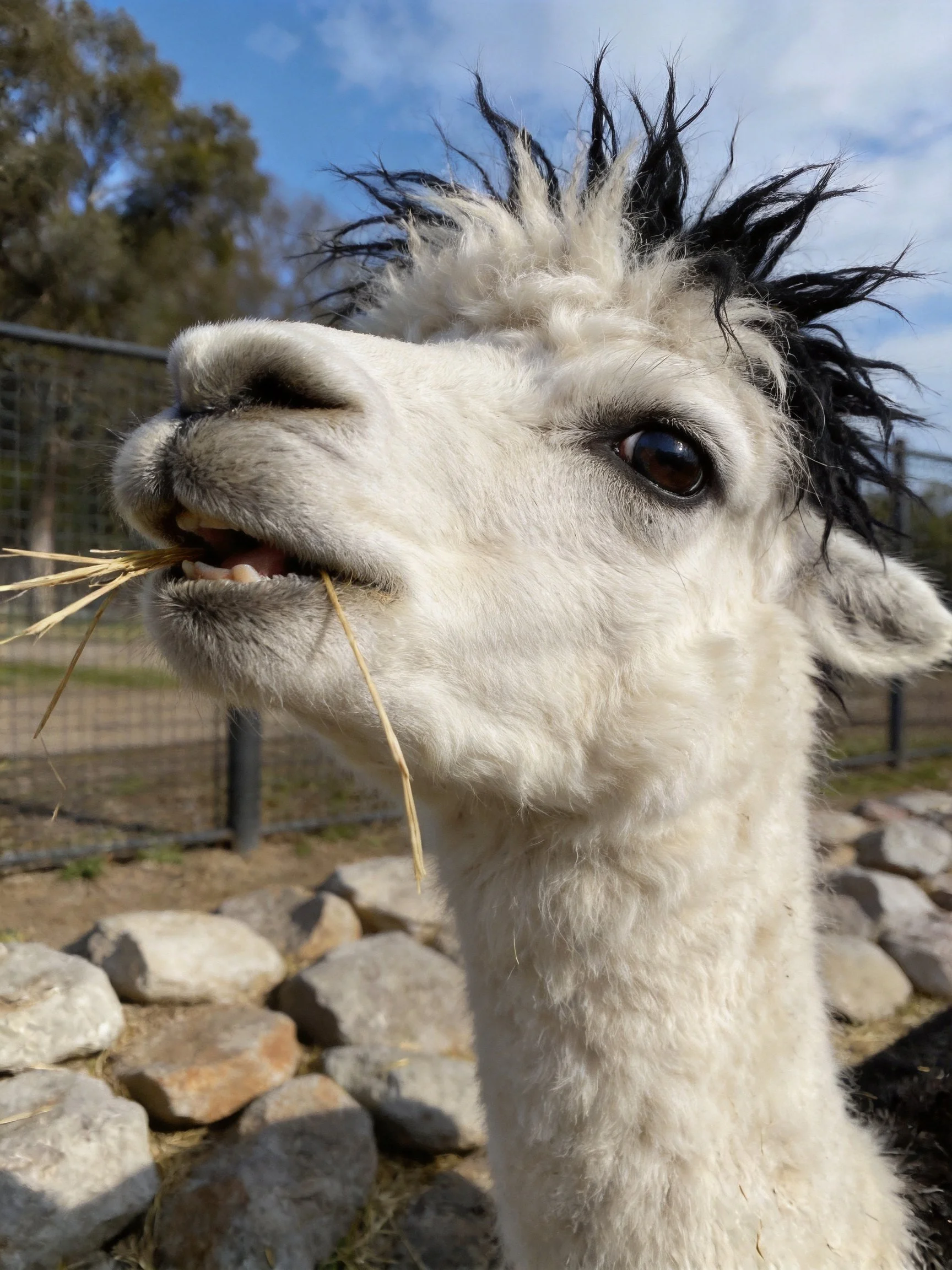 A white alpaca with black hair eats hay in an outdoor fenced area.