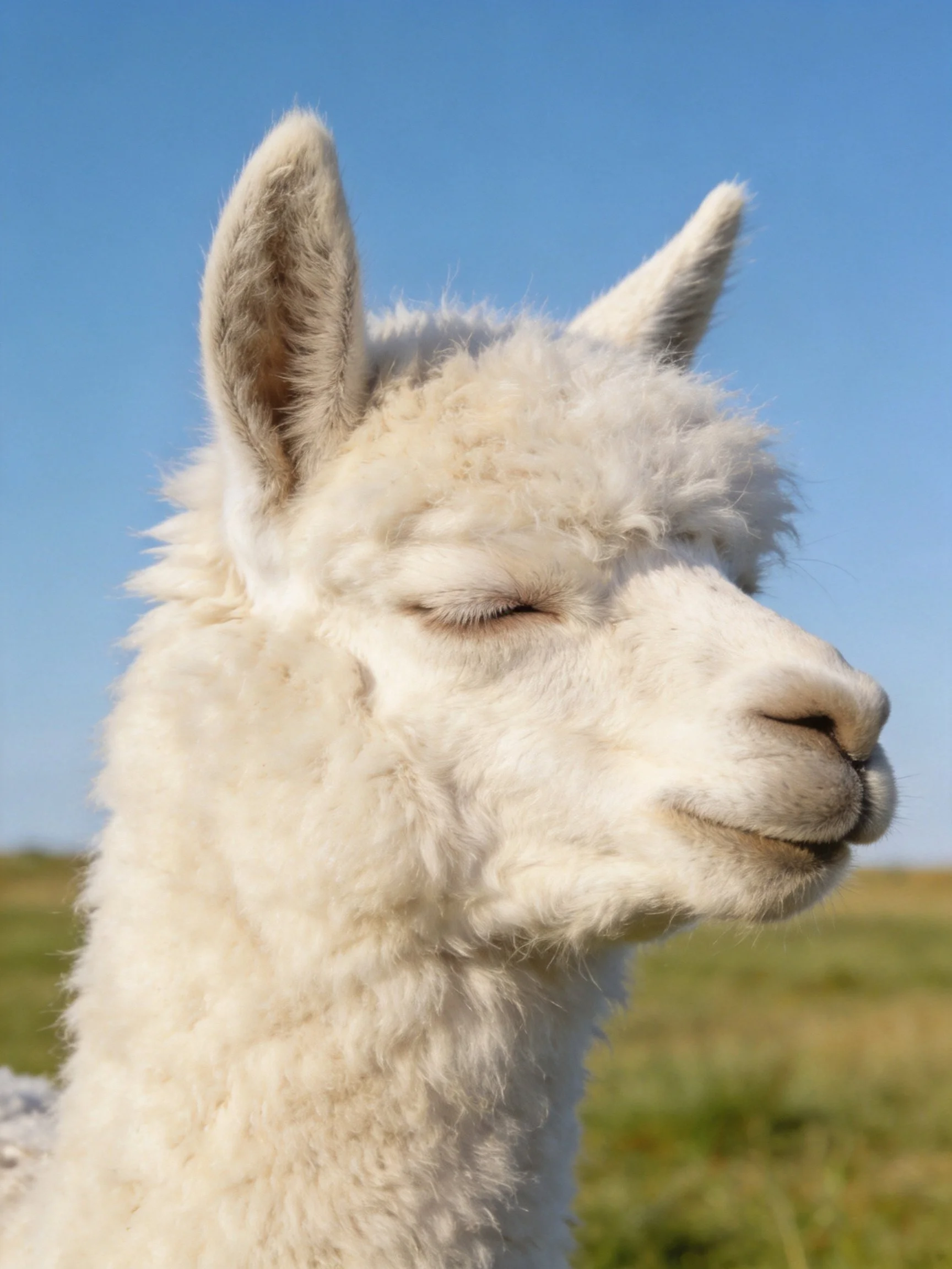 A close - up of a white alpaca with closed eyes in a field