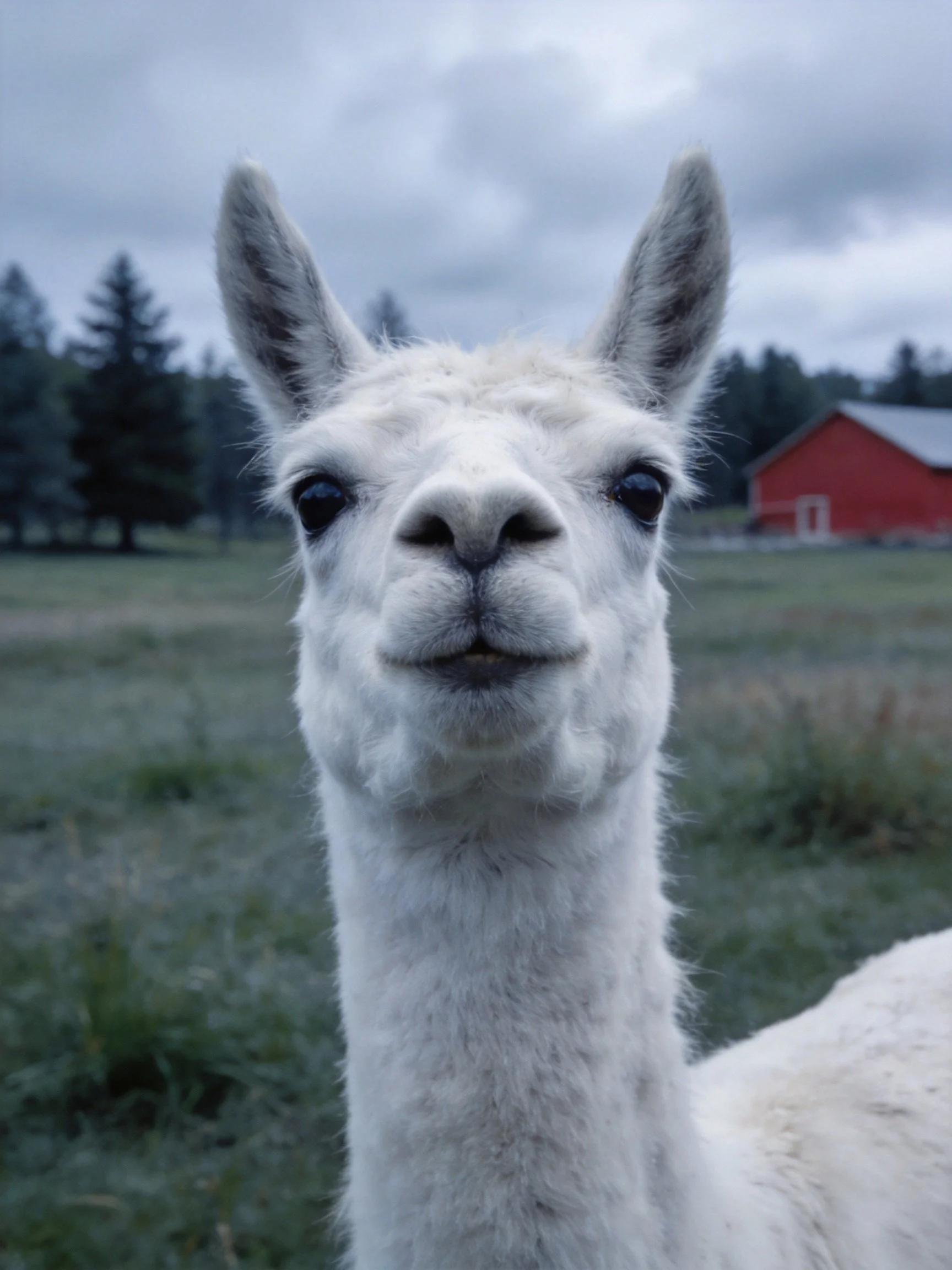 A close - up of a white llama near a red barn in a green field