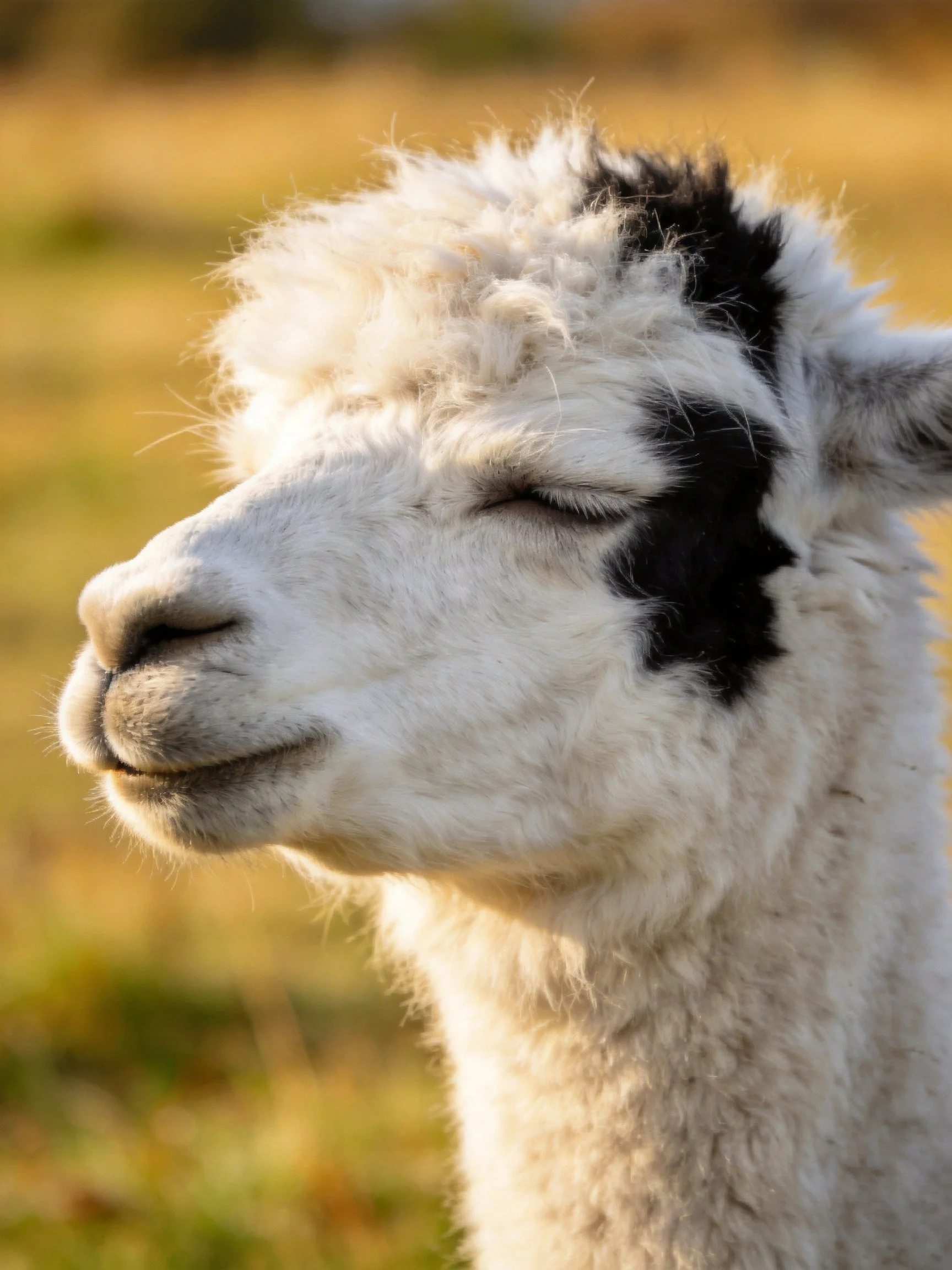 A close - up of a white llama with black markings in a sunlit field