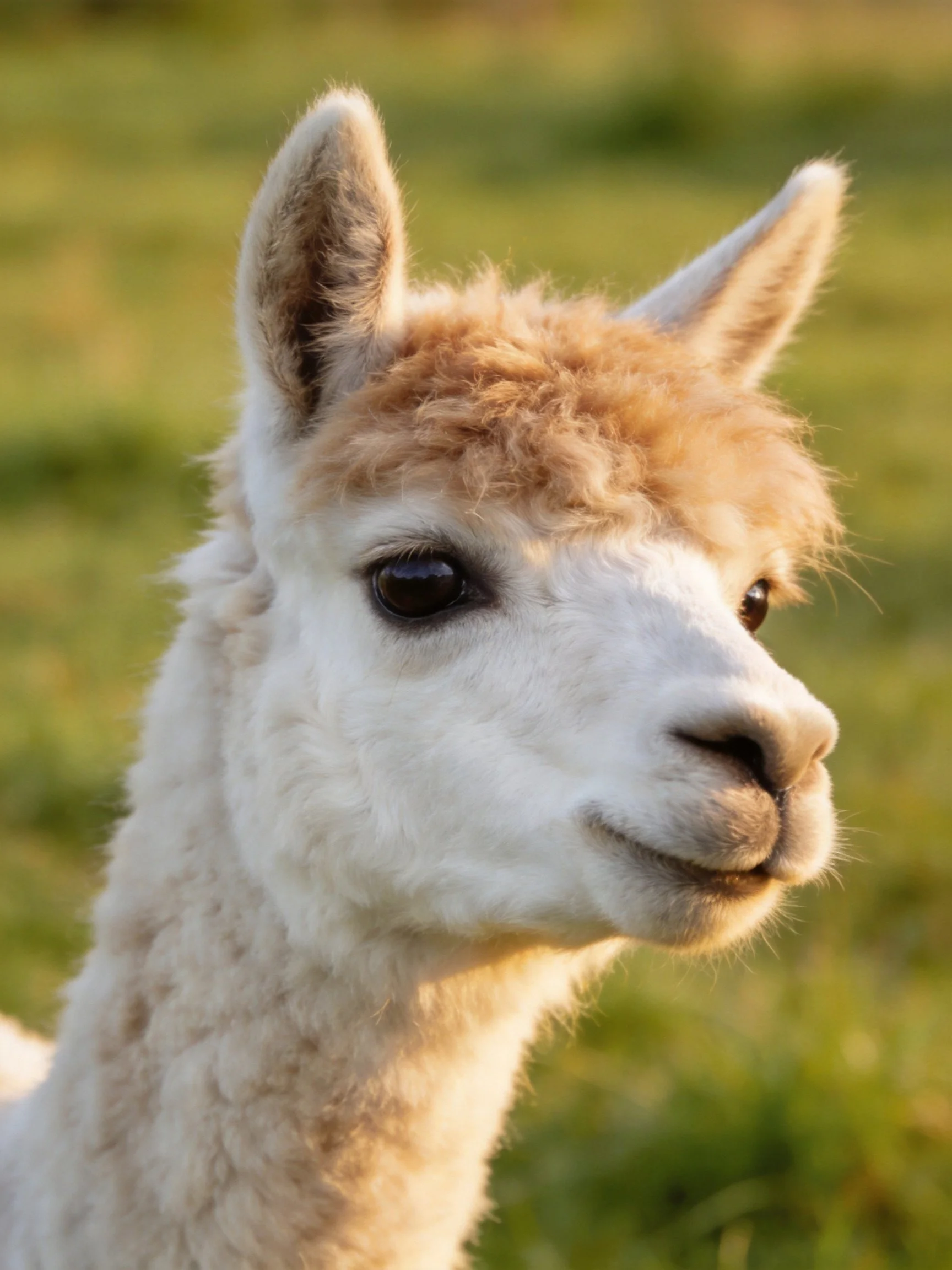 A close - up of a young alpaca with white and tan fur in a sunlit green meadow