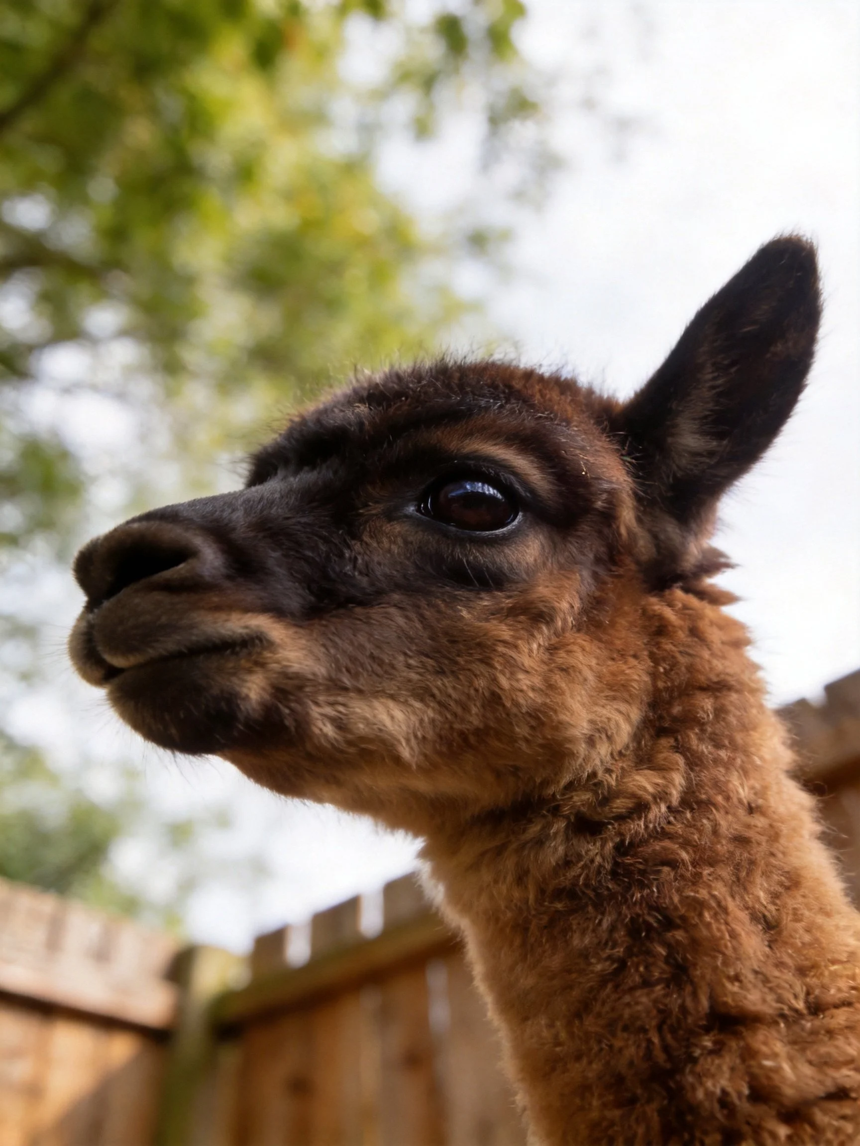 A close - up of a young brown llama with dark facial markings