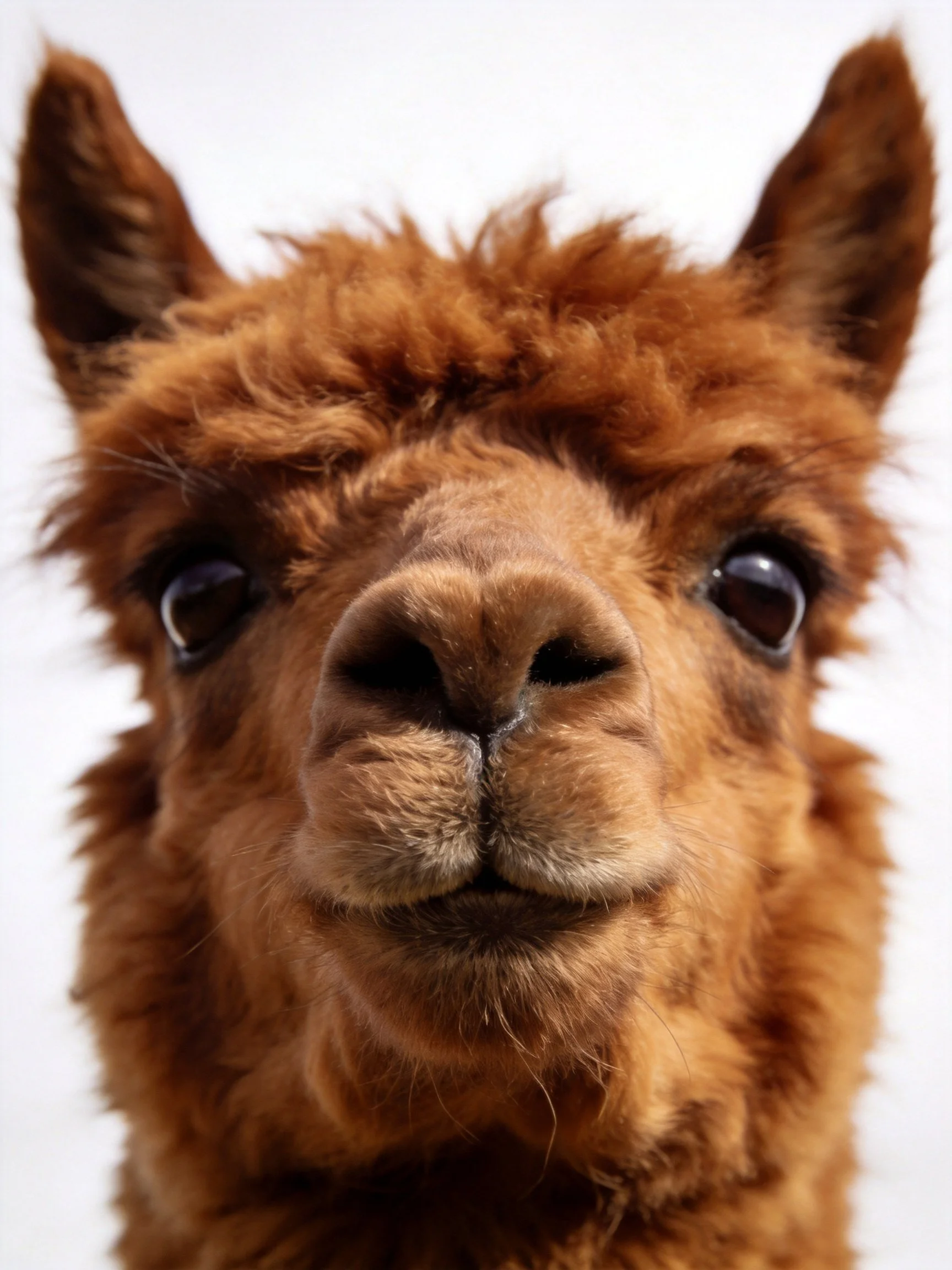A close - up portrait of a brown alpaca with curly fur and expressive features