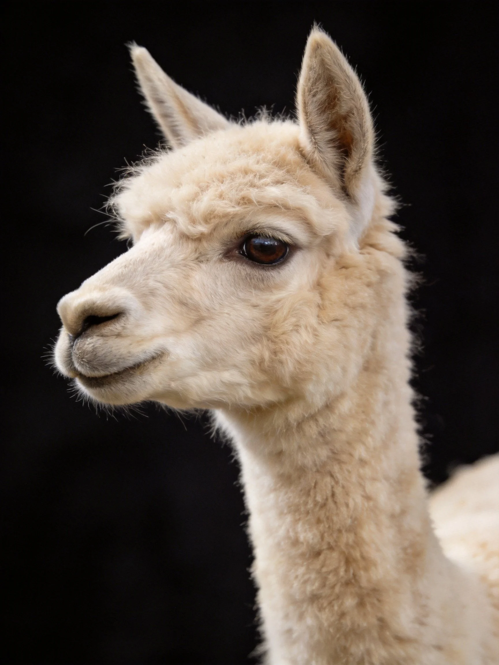 A close - up portrait of a young alpaca with soft cream fur