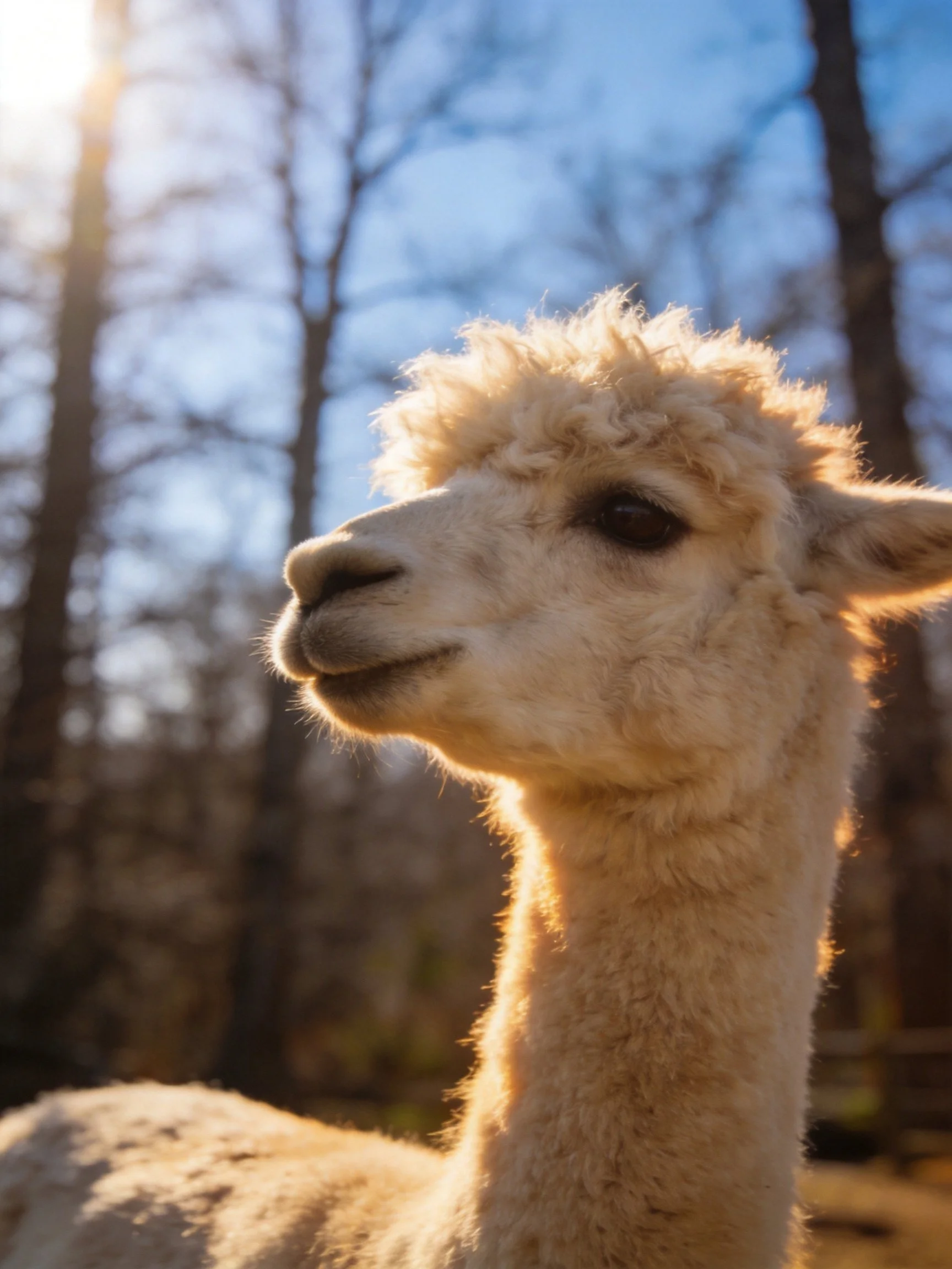 A cream-furred alpaca stands near tall trees under bright sunlight