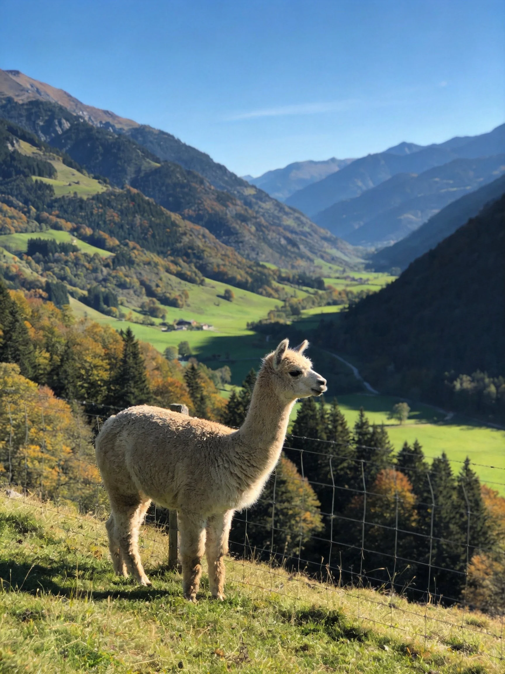 A cream - hued alpaca near a wire fence with lush green mountains