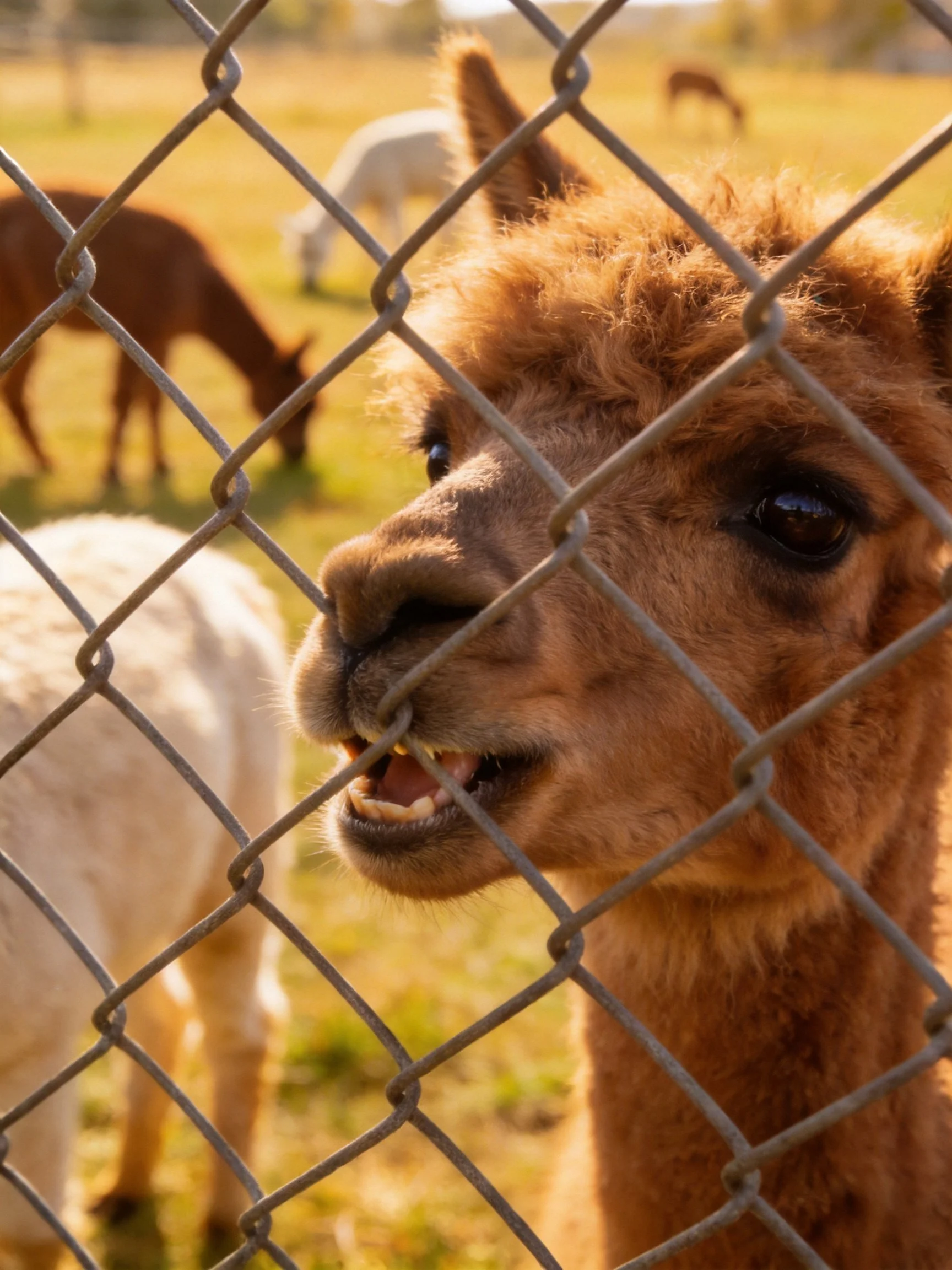 A curious brown alpaca peers through a chain-link fence; other animals graze in the sunny field