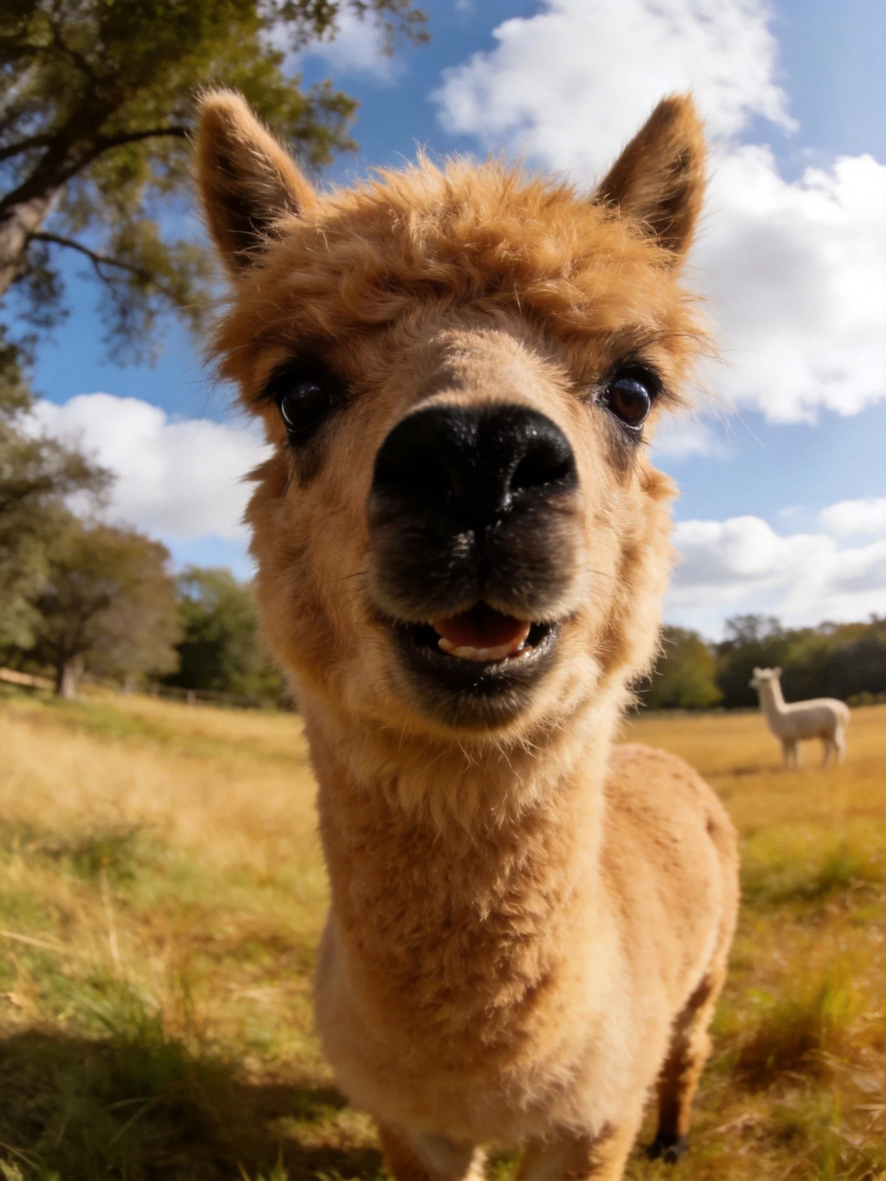 A curious tan alpaca gazes directly into the camera in an open field