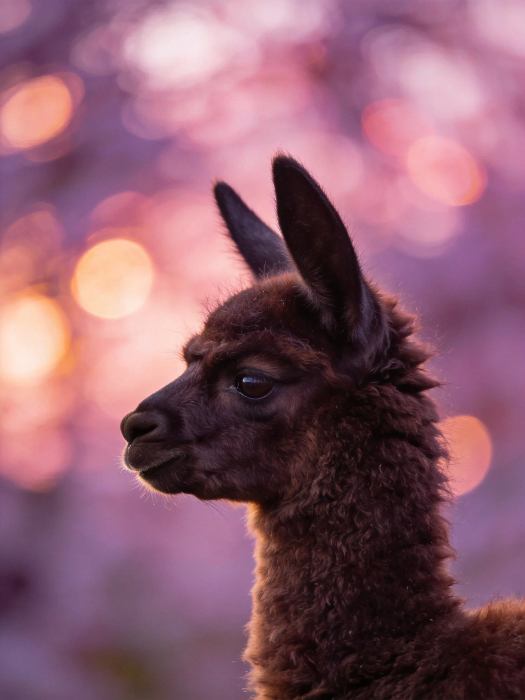 A dark brown young llama against soft pink-purple bokeh lights