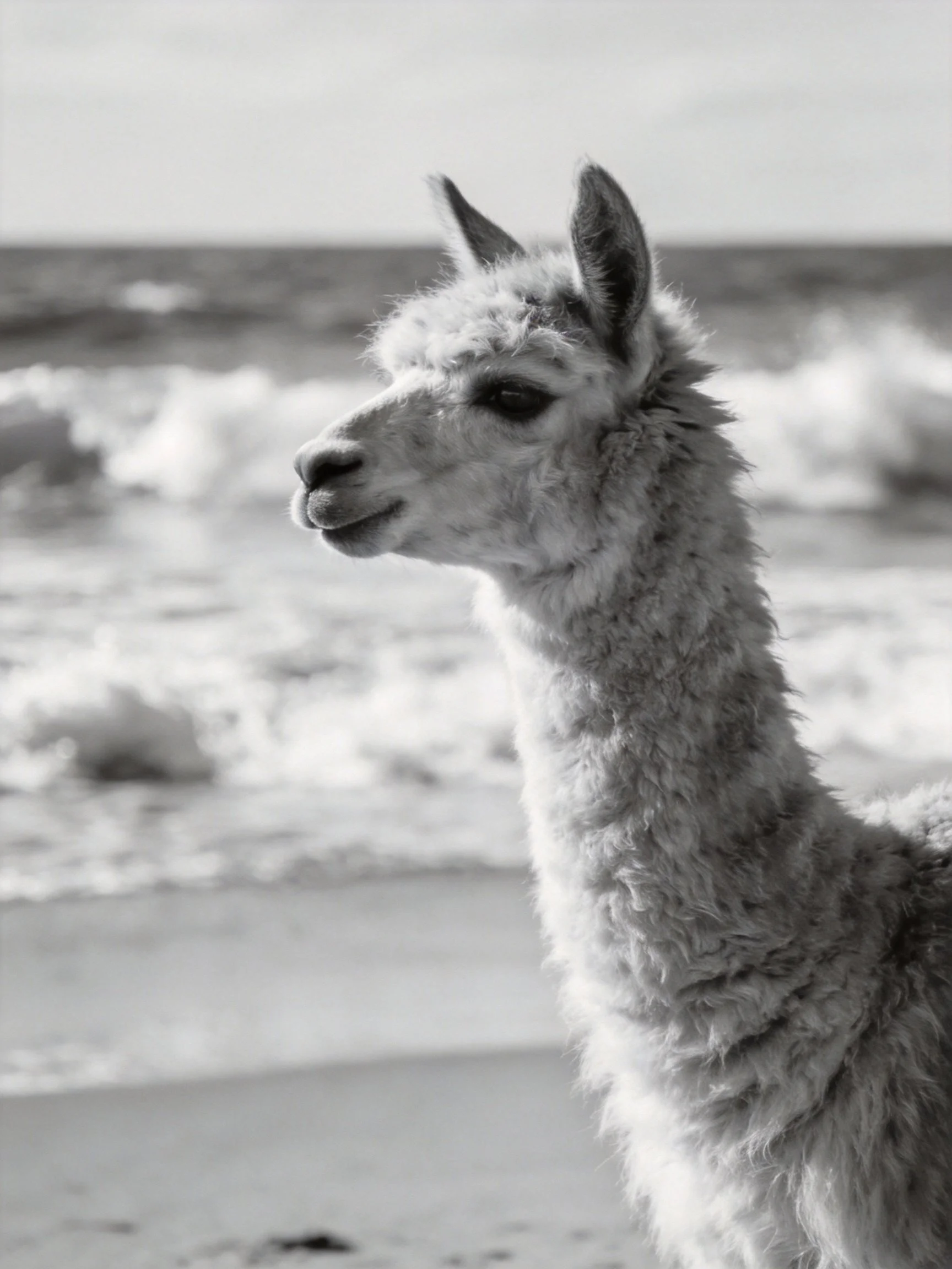 A fluffy alpaca near crashing ocean waves on a sandy beach