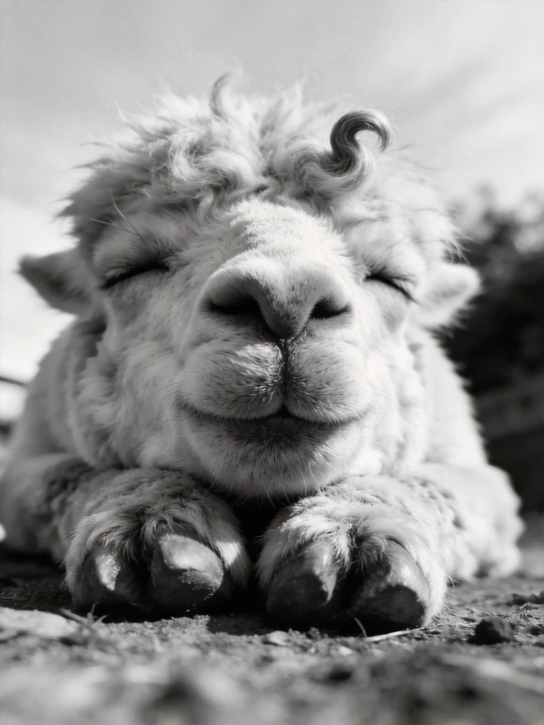 A fluffy baby alpaca resting in a monochrome setting