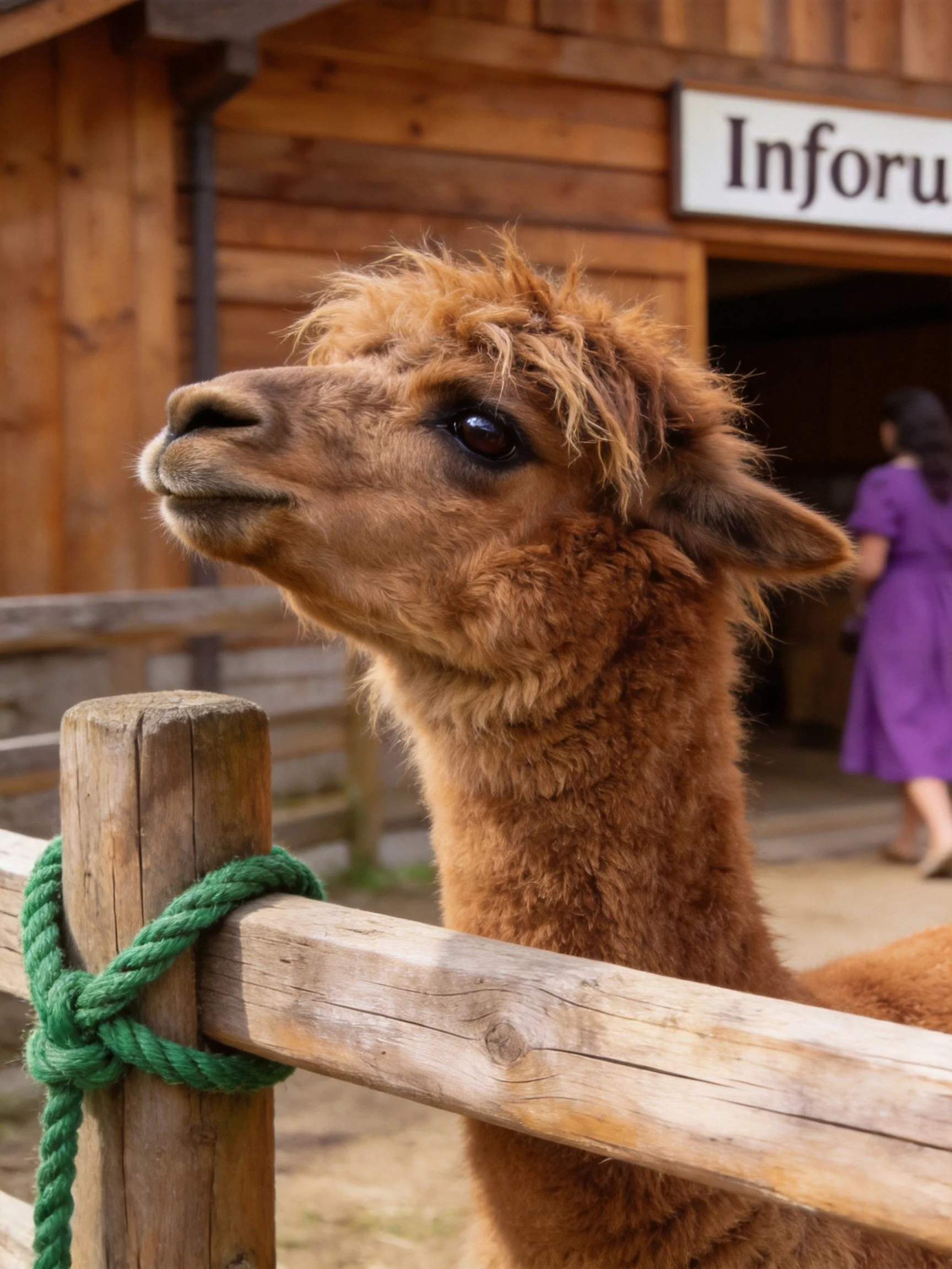 A fluffy brown alpaca by wooden fence with green rope