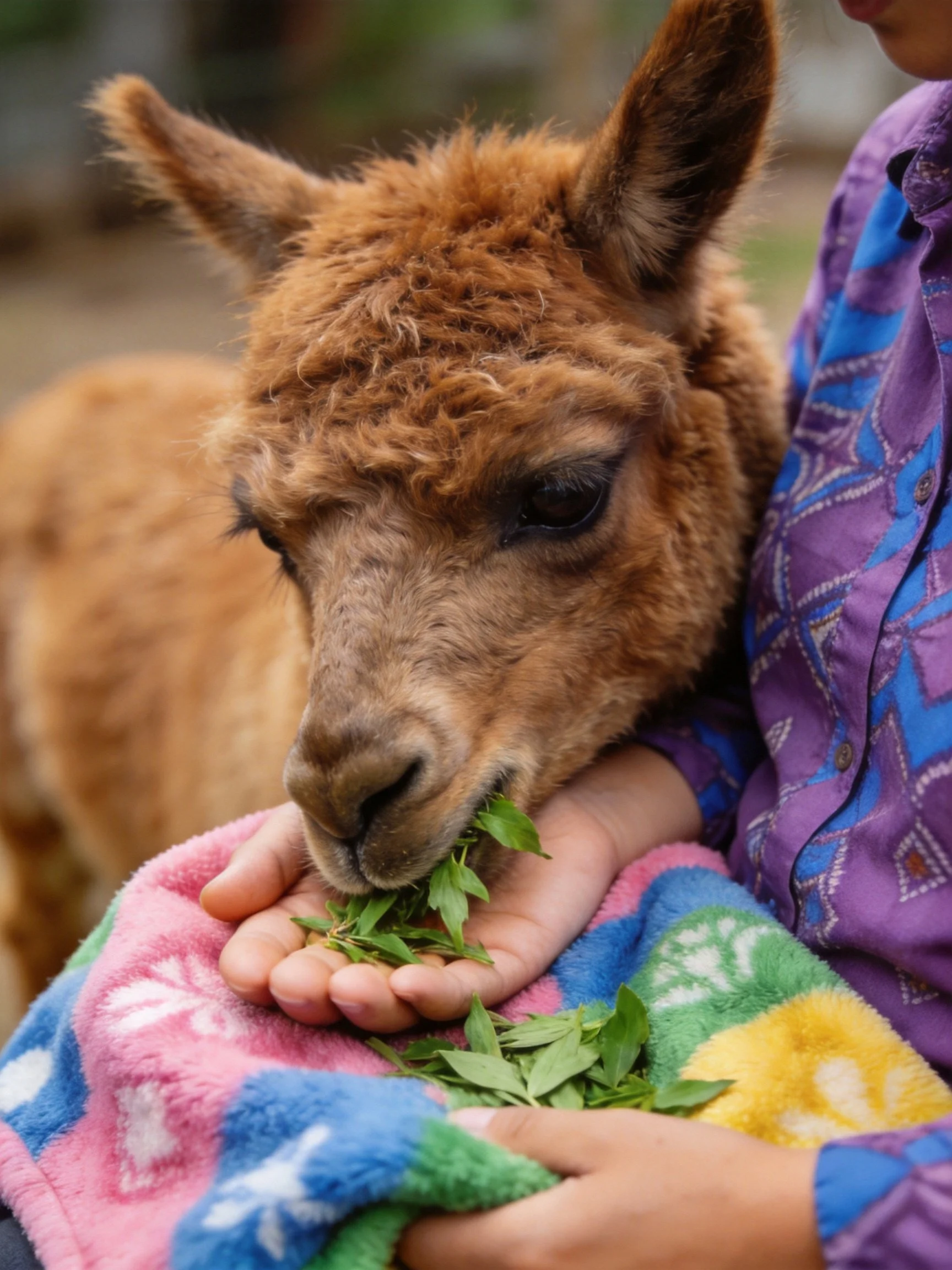 A fluffy brown alpaca eating greens from a colorful blanket