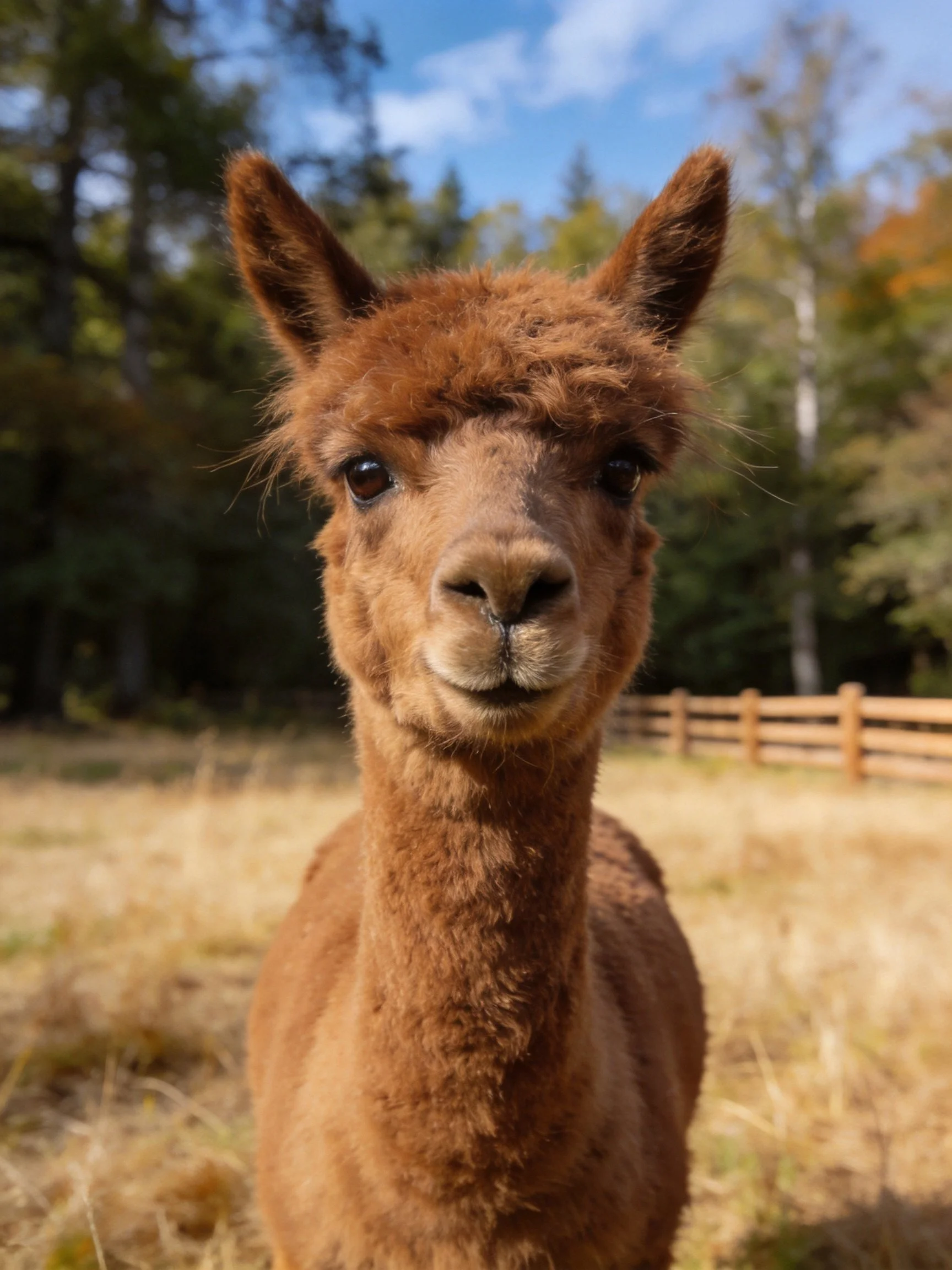 A fluffy brown alpaca in a sunlit grassy field near trees
