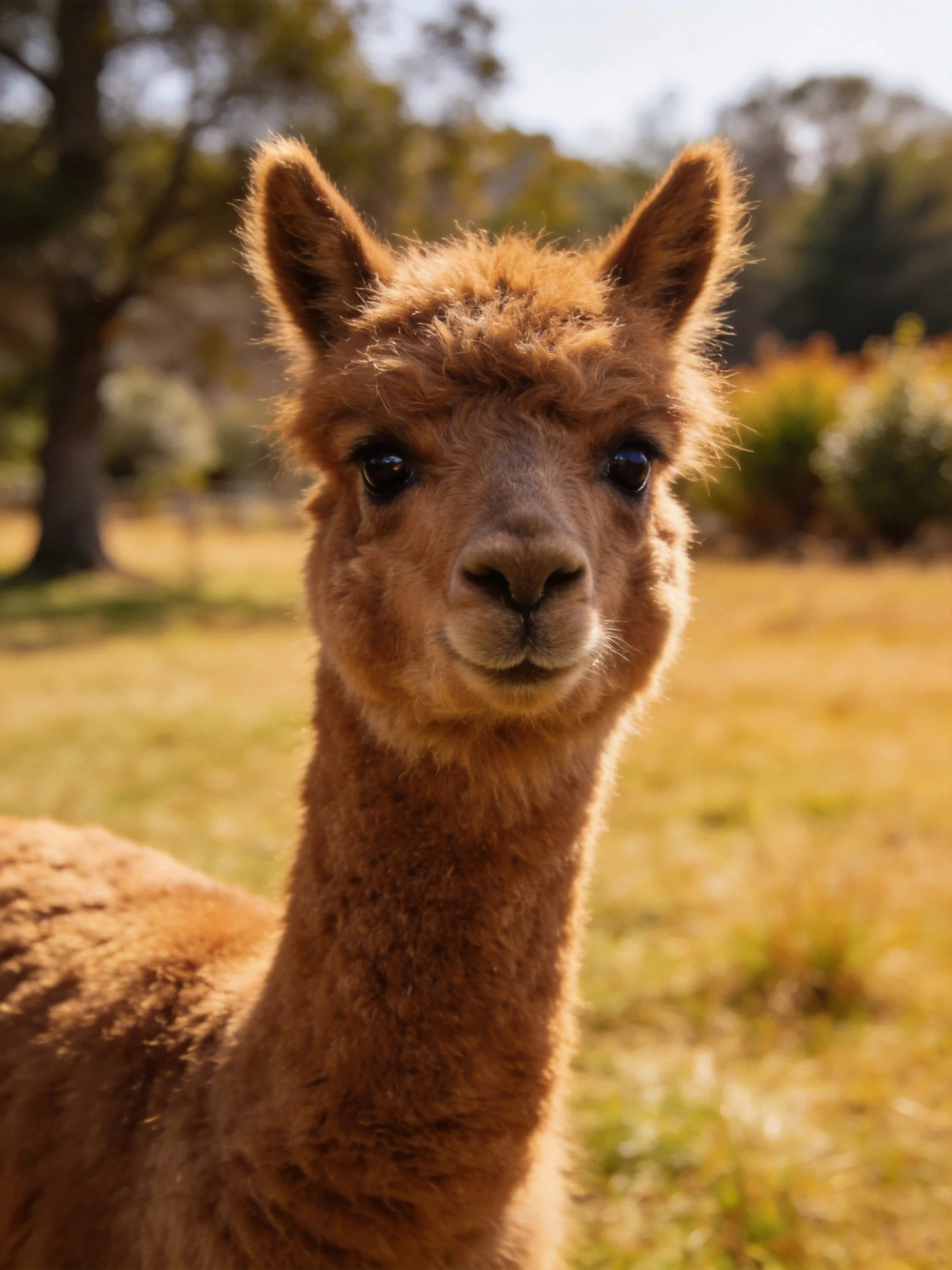 A fluffy brown alpaca in a sunlit grassy field with trees