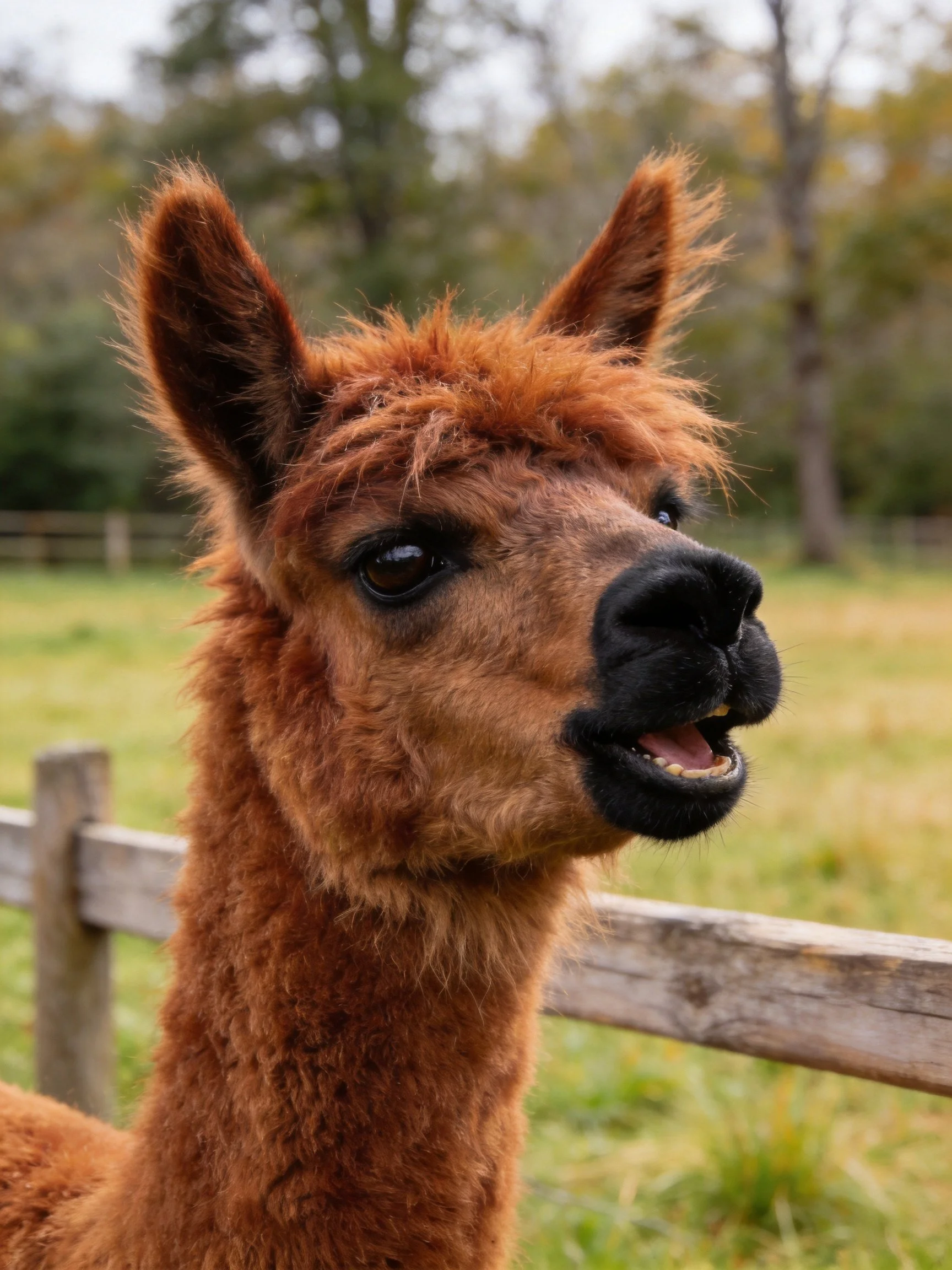 A fluffy brown alpaca near a wooden fence in an open field