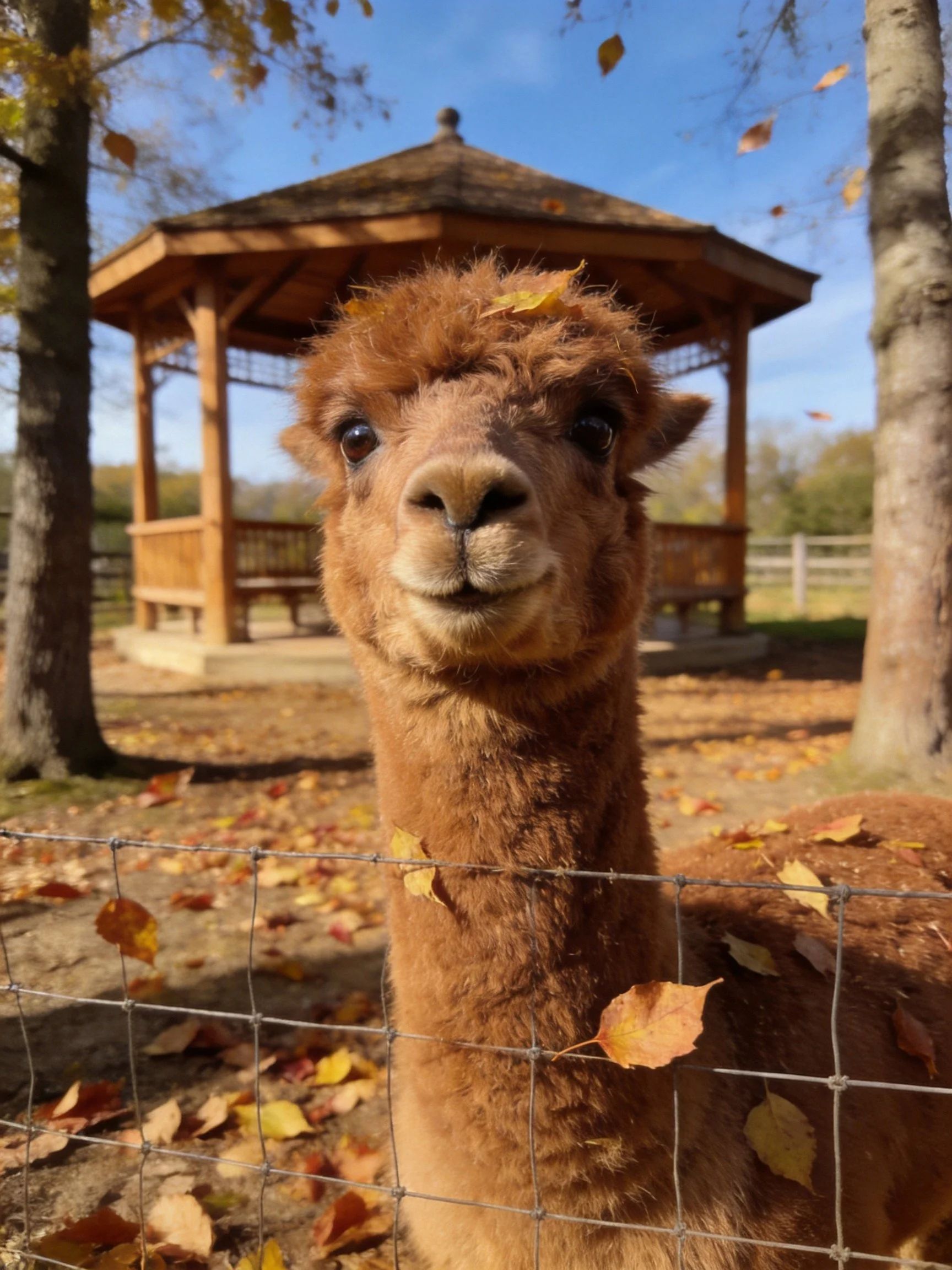 A fluffy brown alpaca near a wooden gazebo with autumn leaves