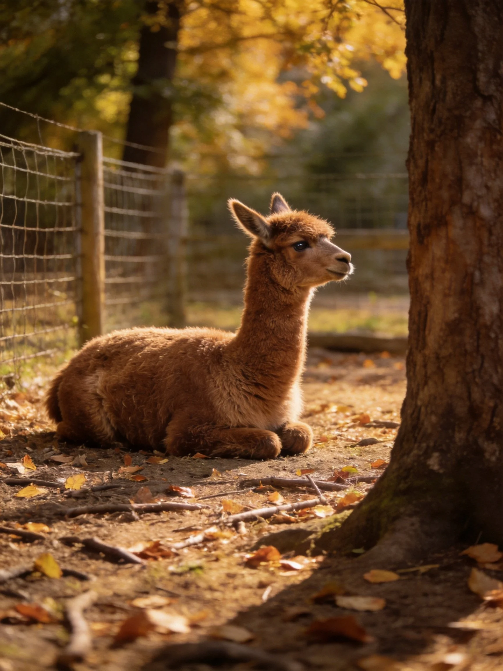 A fluffy brown alpaca rests near a tree in an autumnal enclosure