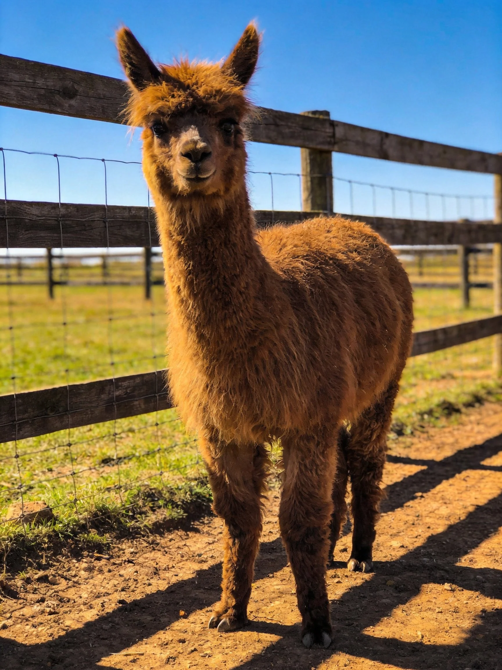 A fluffy brown alpaca stands near a wooden fence in a sunny field