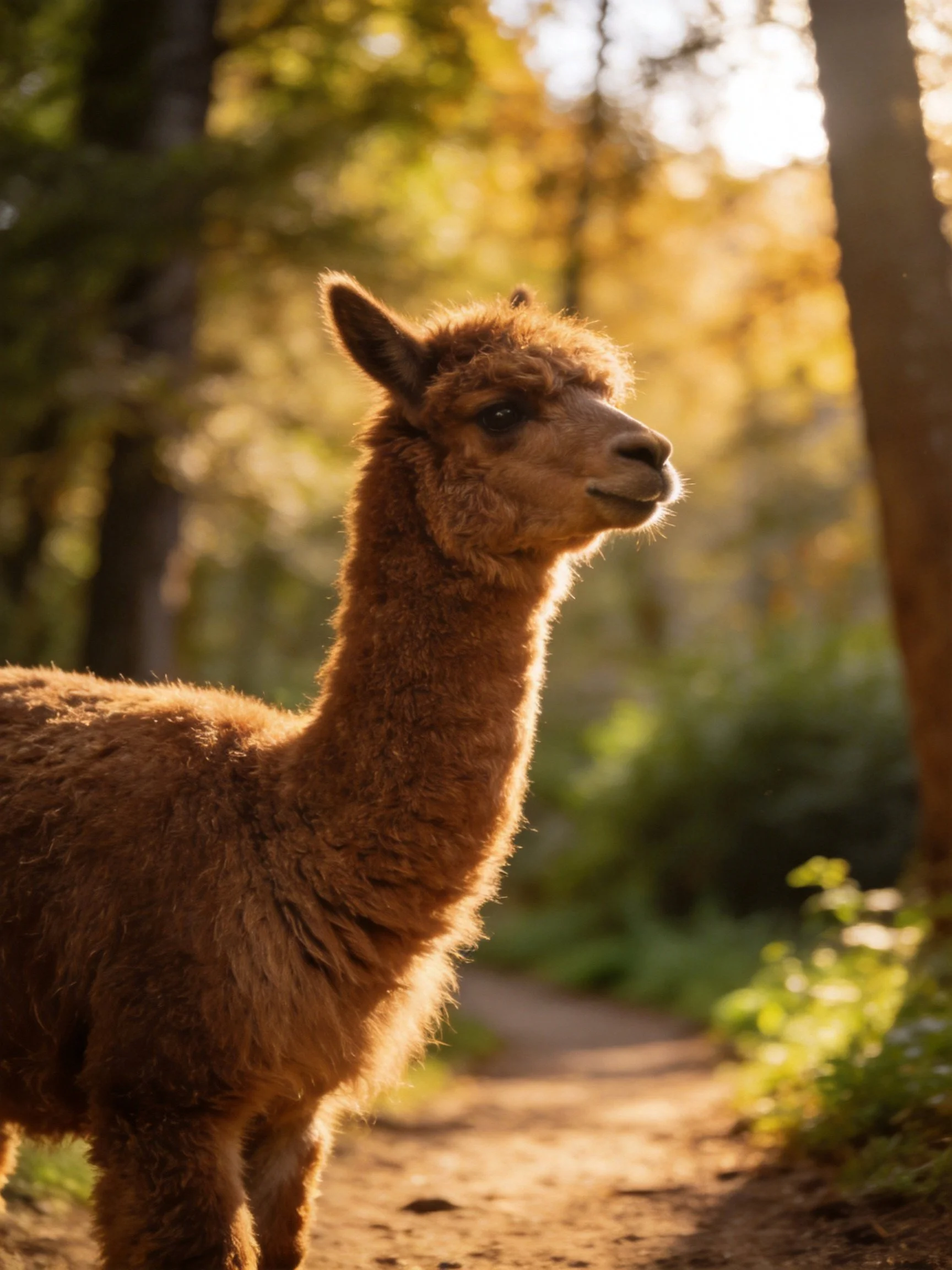 A fluffy brown alpaca stands on a sunlit forest path