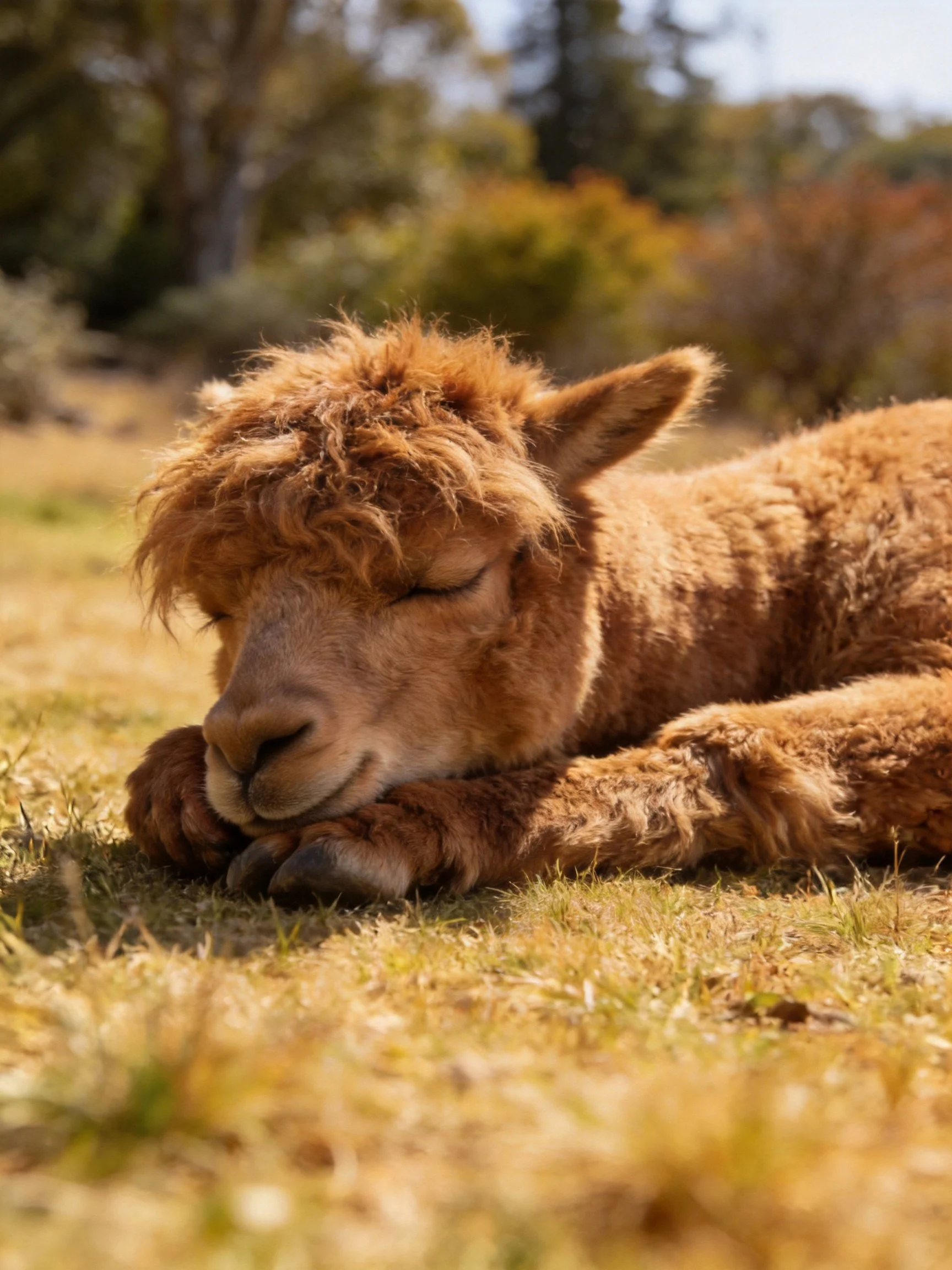 A fluffy brown baby alpaca resting on sunlit grass