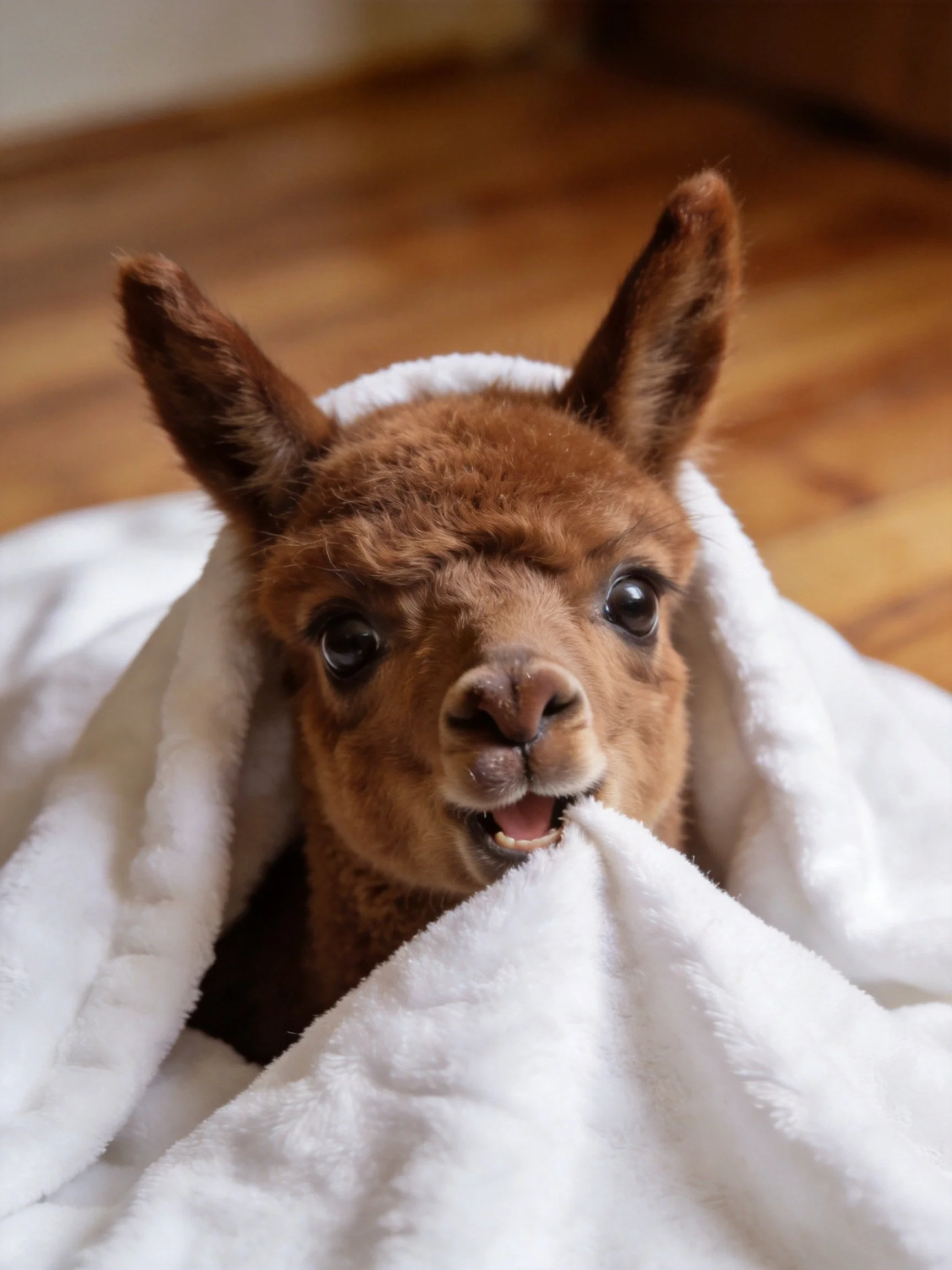 A fluffy brown baby alpaca wrapped in a white towel on a wooden floor