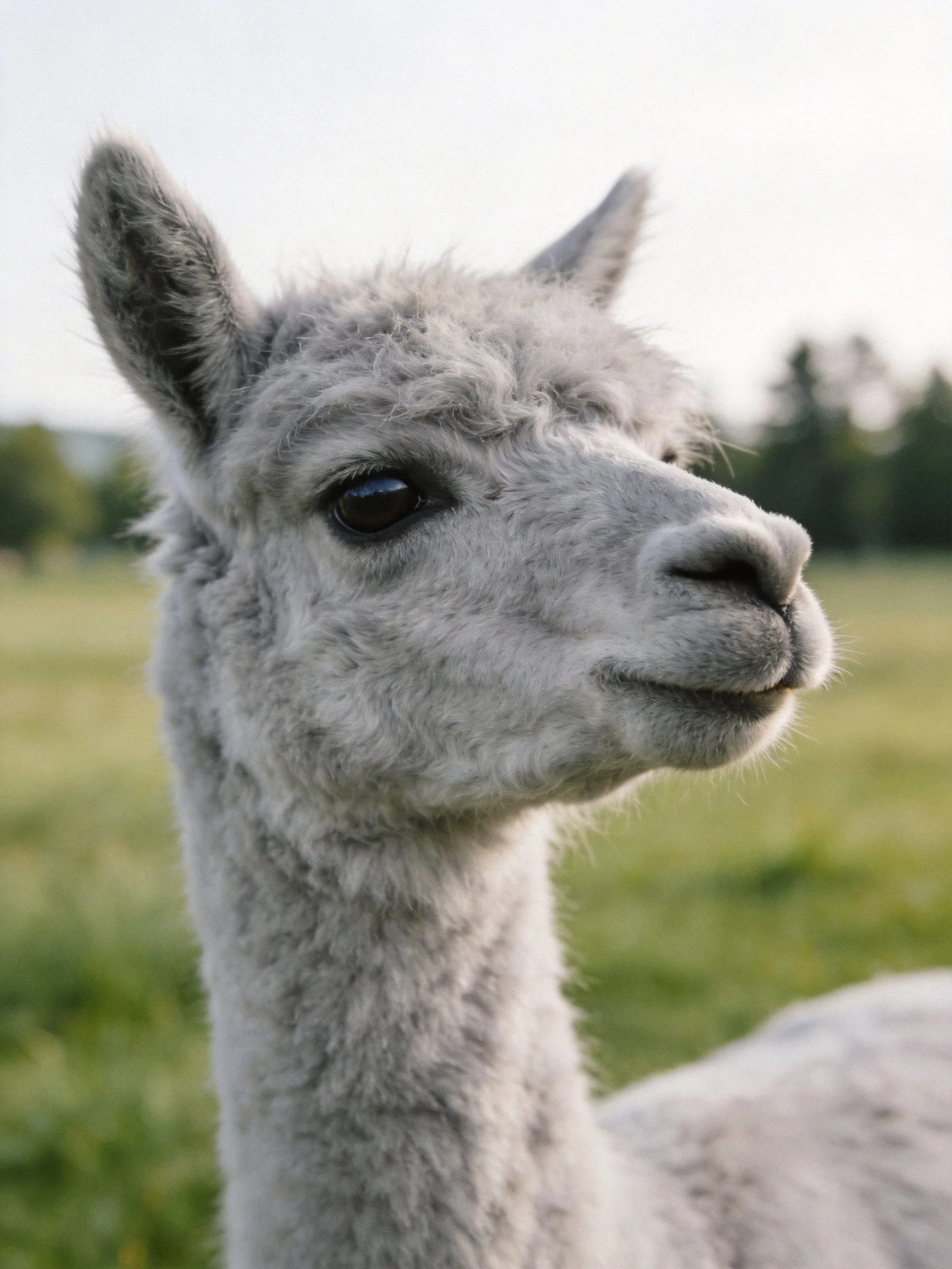 A fluffy gray alpaca in a sunlit green meadow