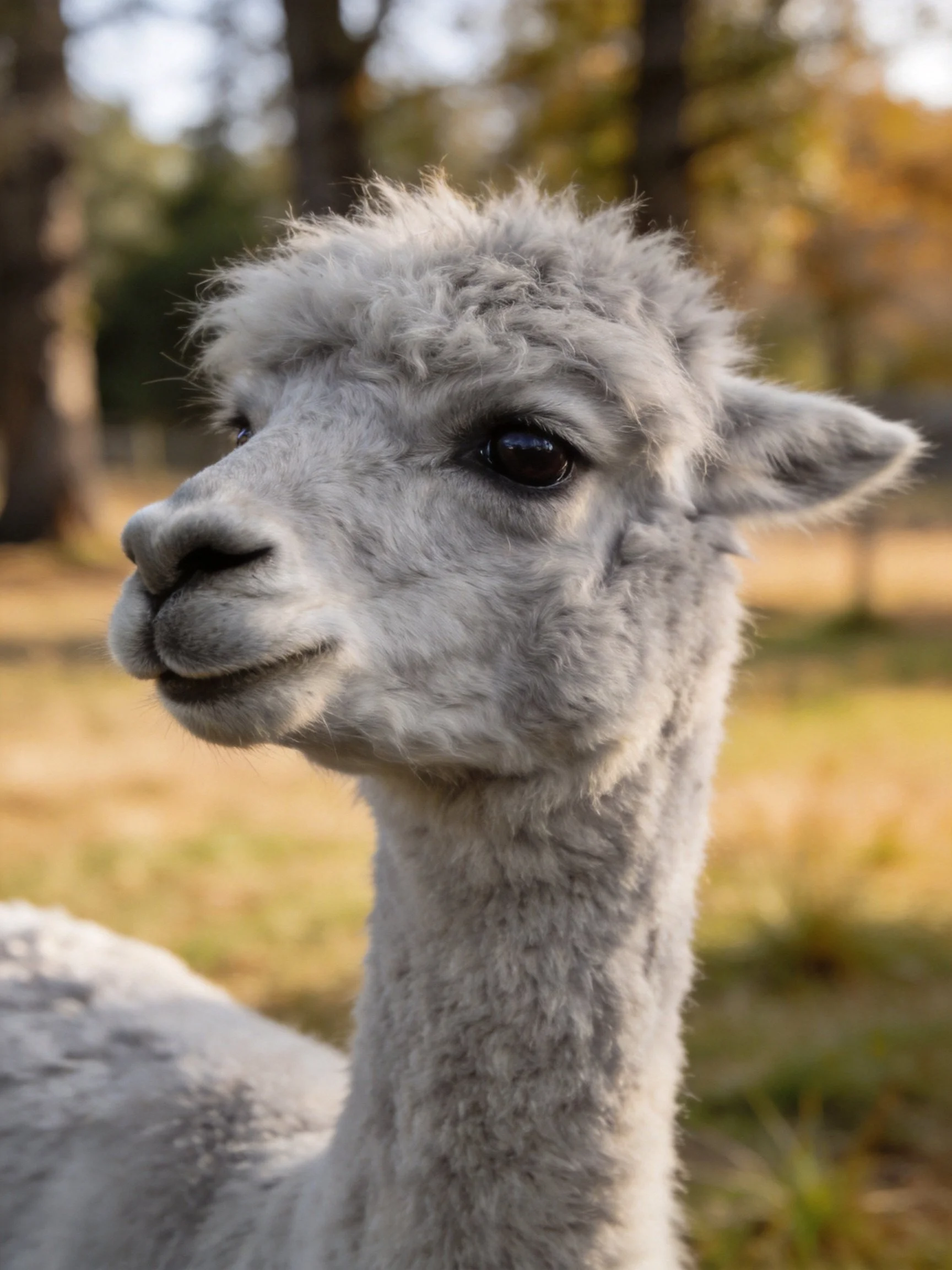 A fluffy gray alpaca with soft fur in a sunlit outdoor area