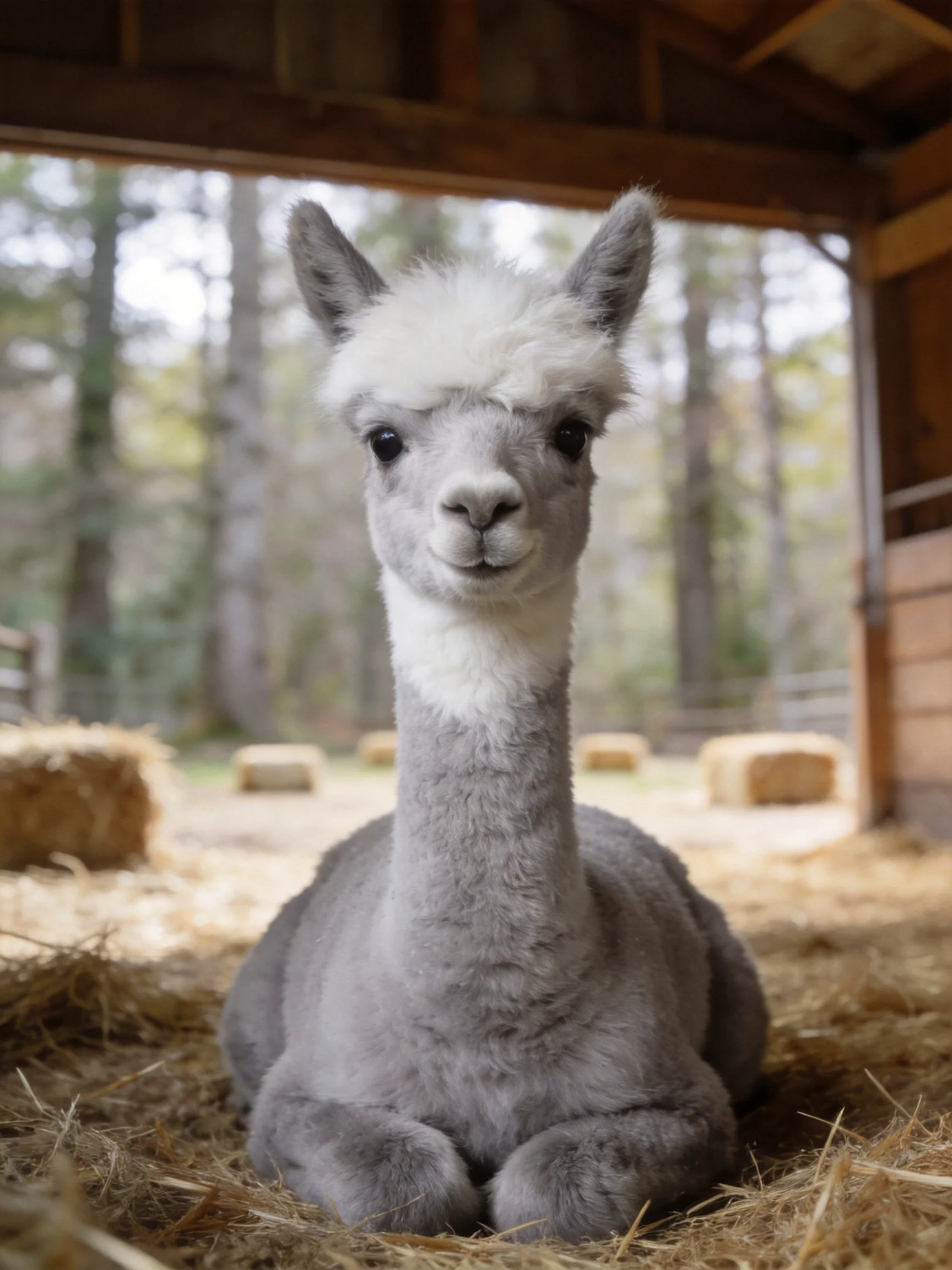 A fluffy gray baby alpaca rests on golden straw in a wooden shelter