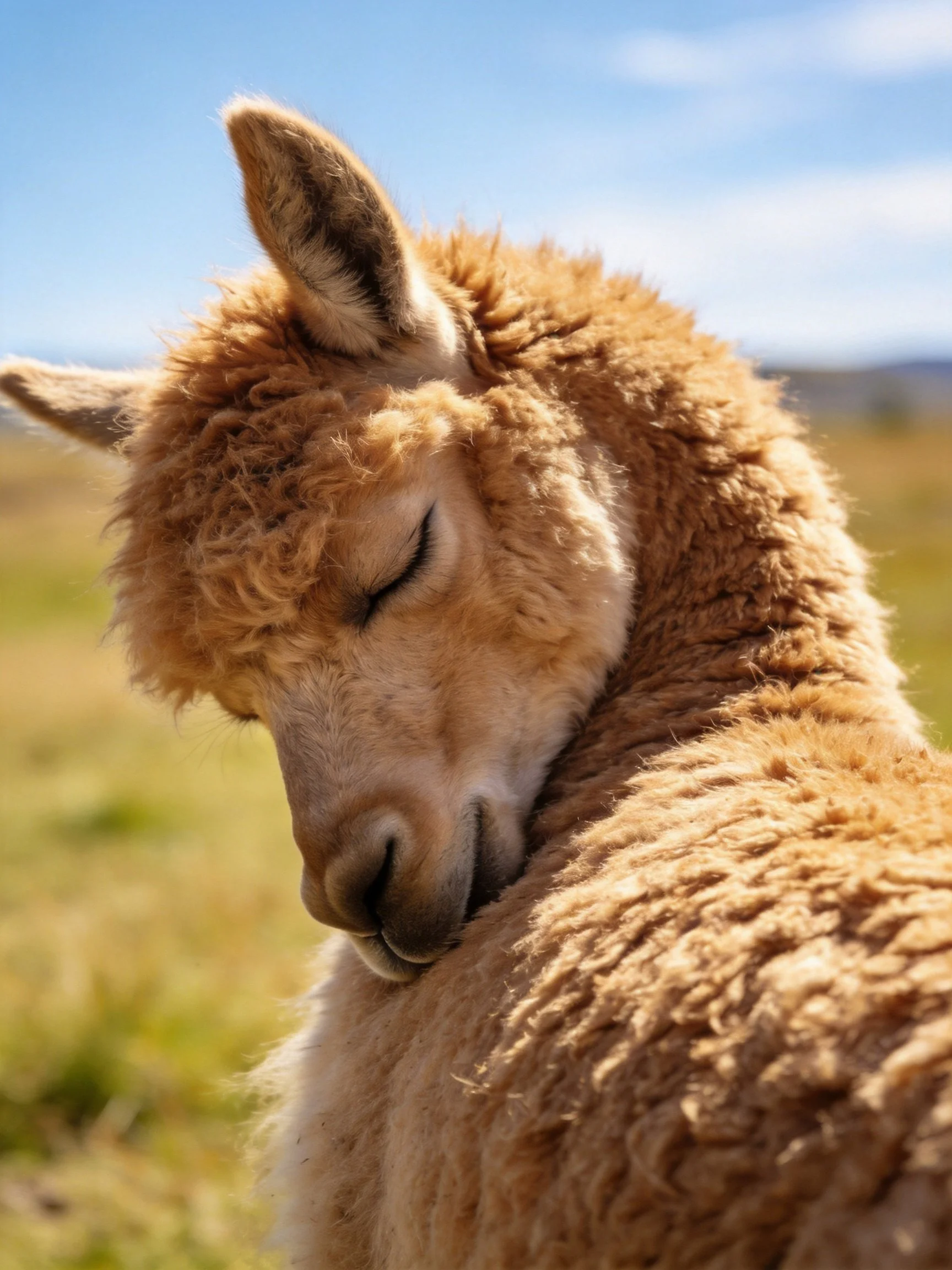 A fluffy light-brown alpaca cuddles another in a sunny meadow