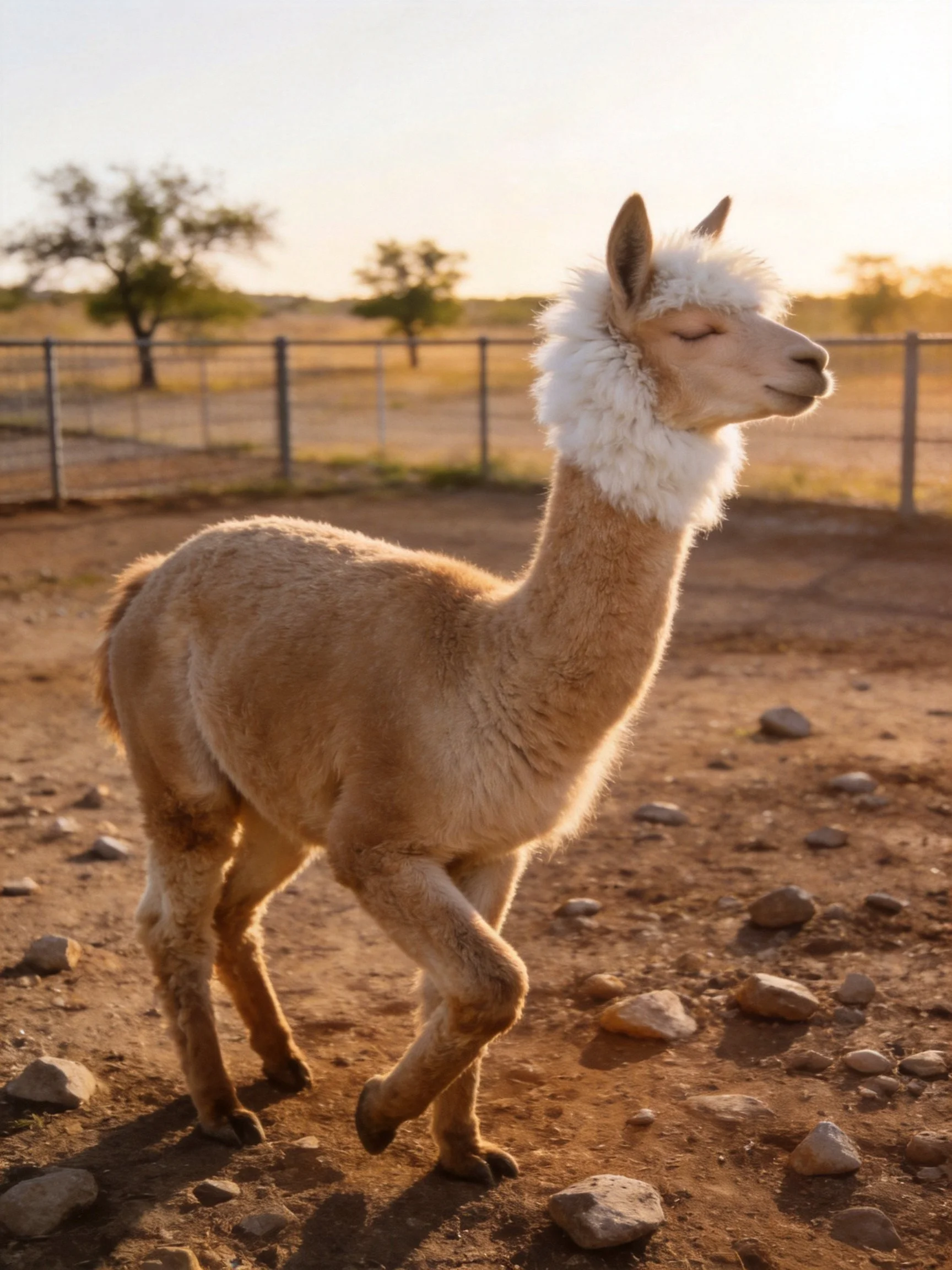 A fluffy-necked alpaca walks near scattered rocks in a fenced enclosure