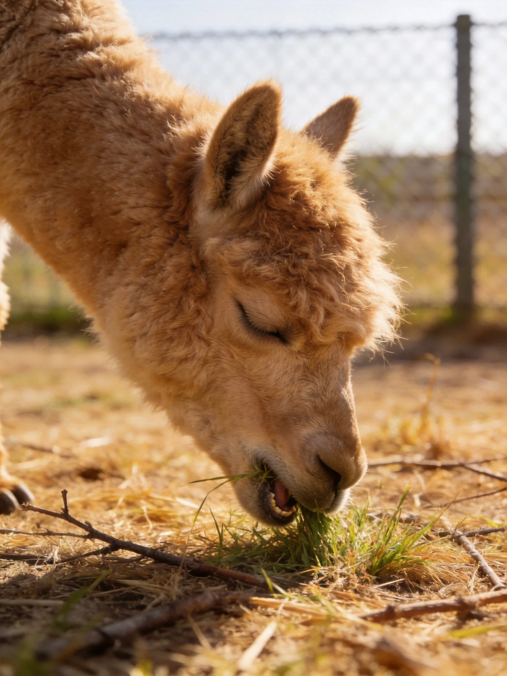 A fluffy tan alpaca grazing on green grass near a fence