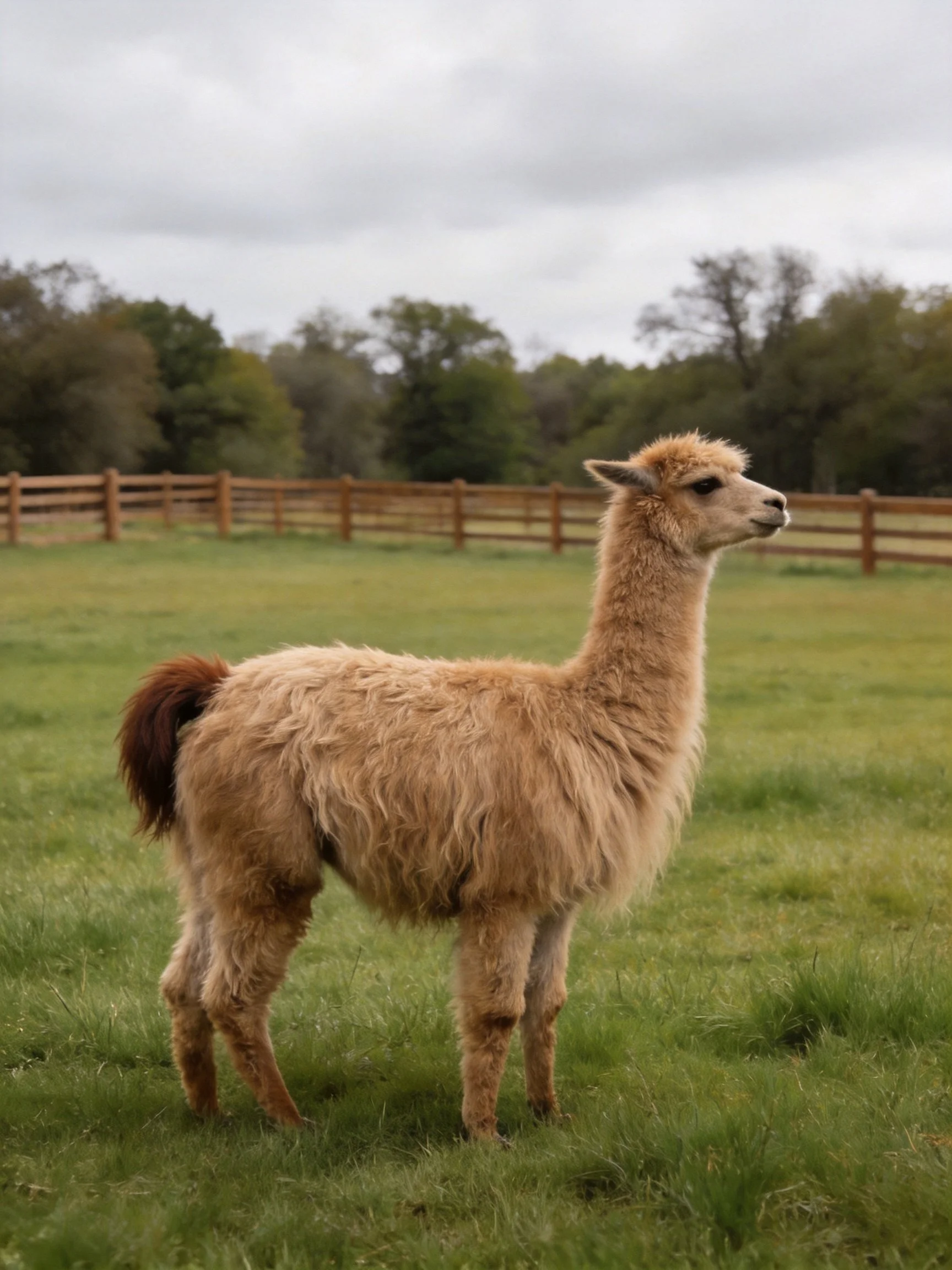 A fluffy tan alpaca in a green pasture with wooden fences