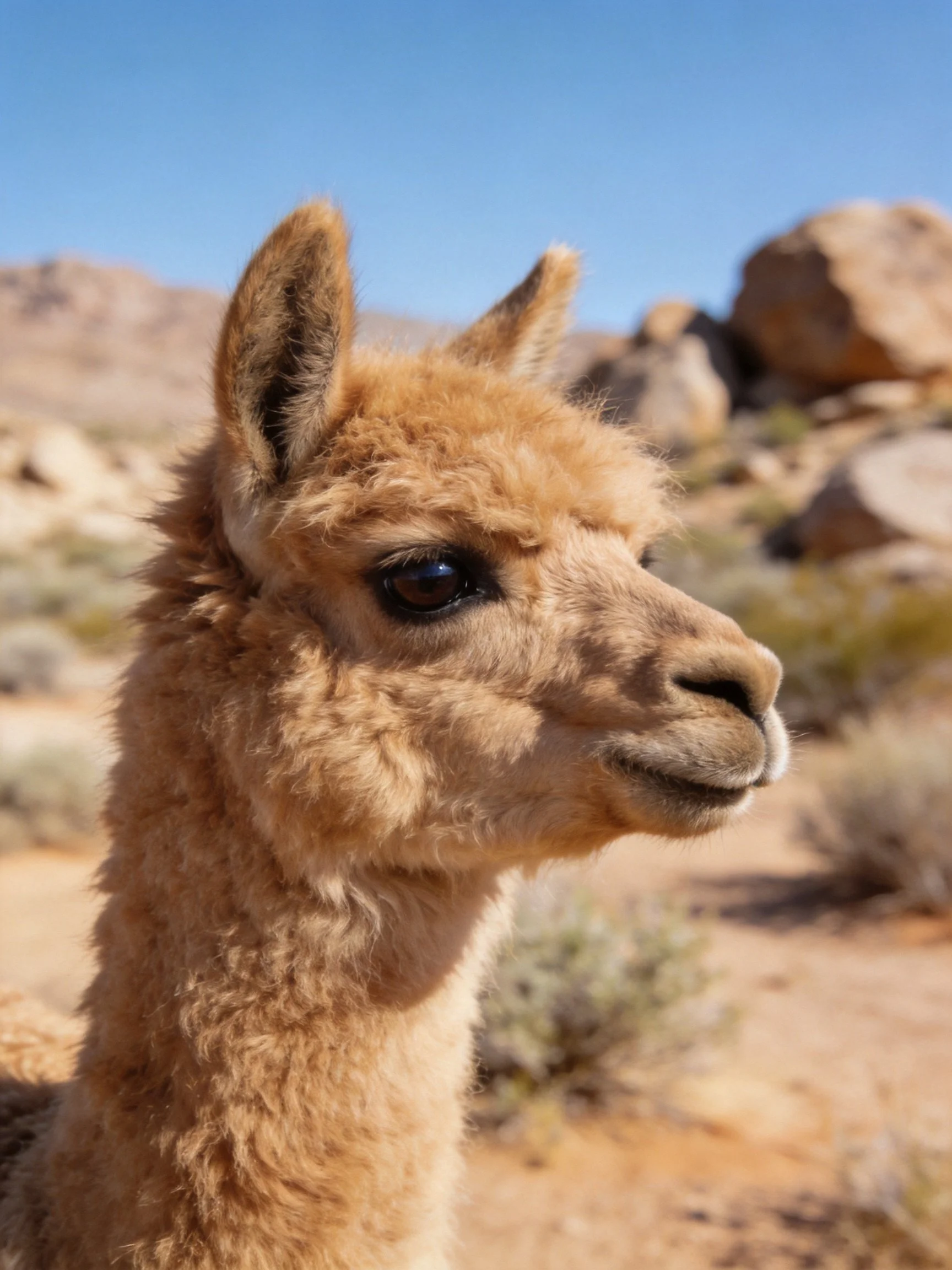 A fluffy tan alpaca in a rocky desert landscape