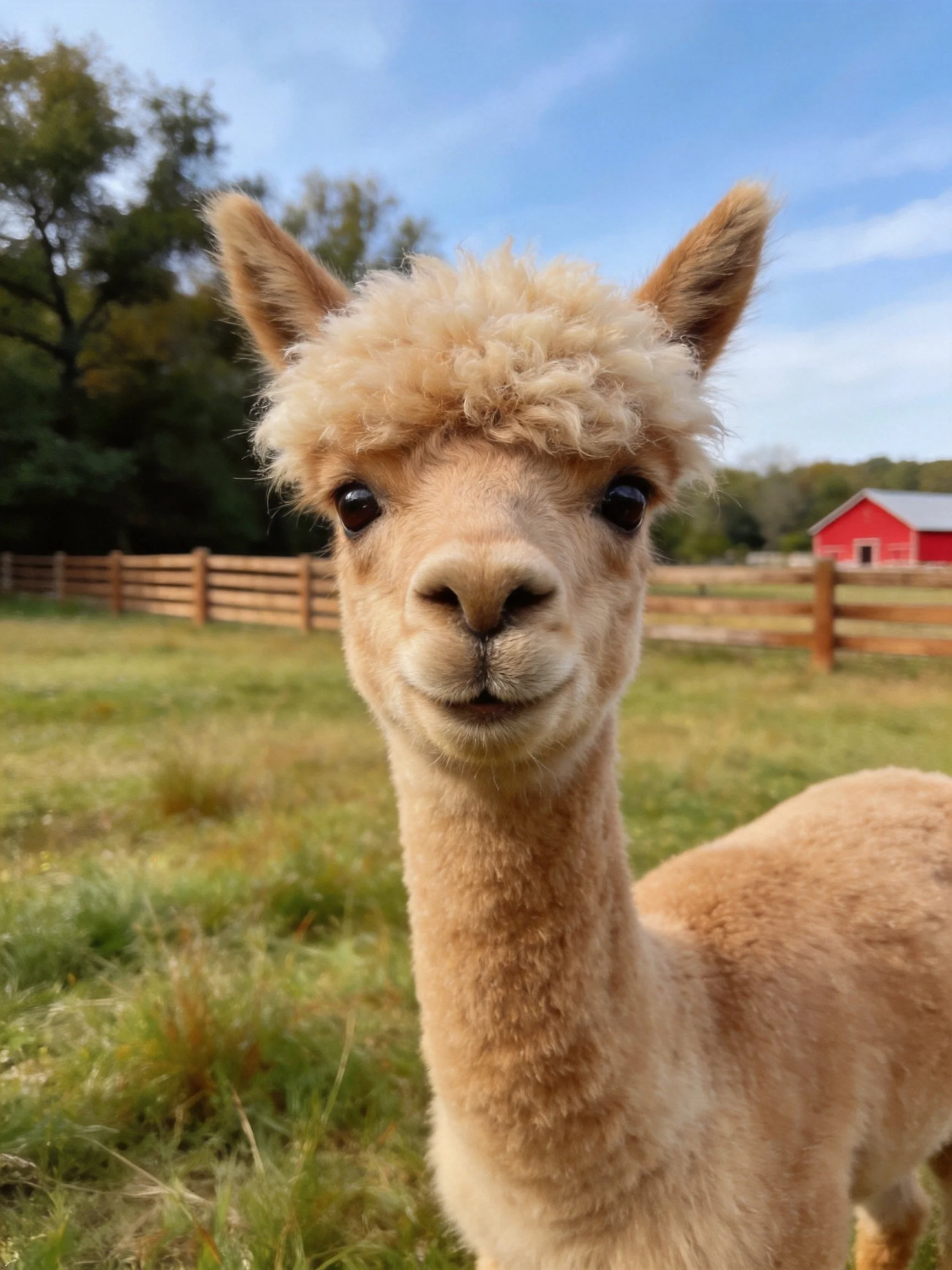A fluffy tan alpaca stands in a grassy farm field near a red barn