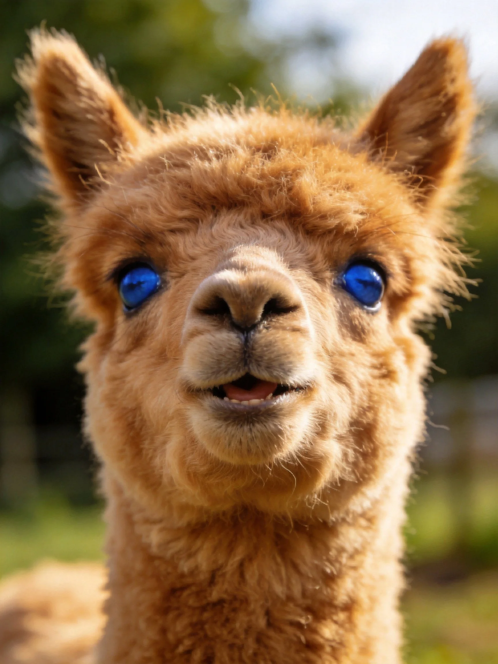 A fluffy tan alpaca with bright blue eyes outdoors