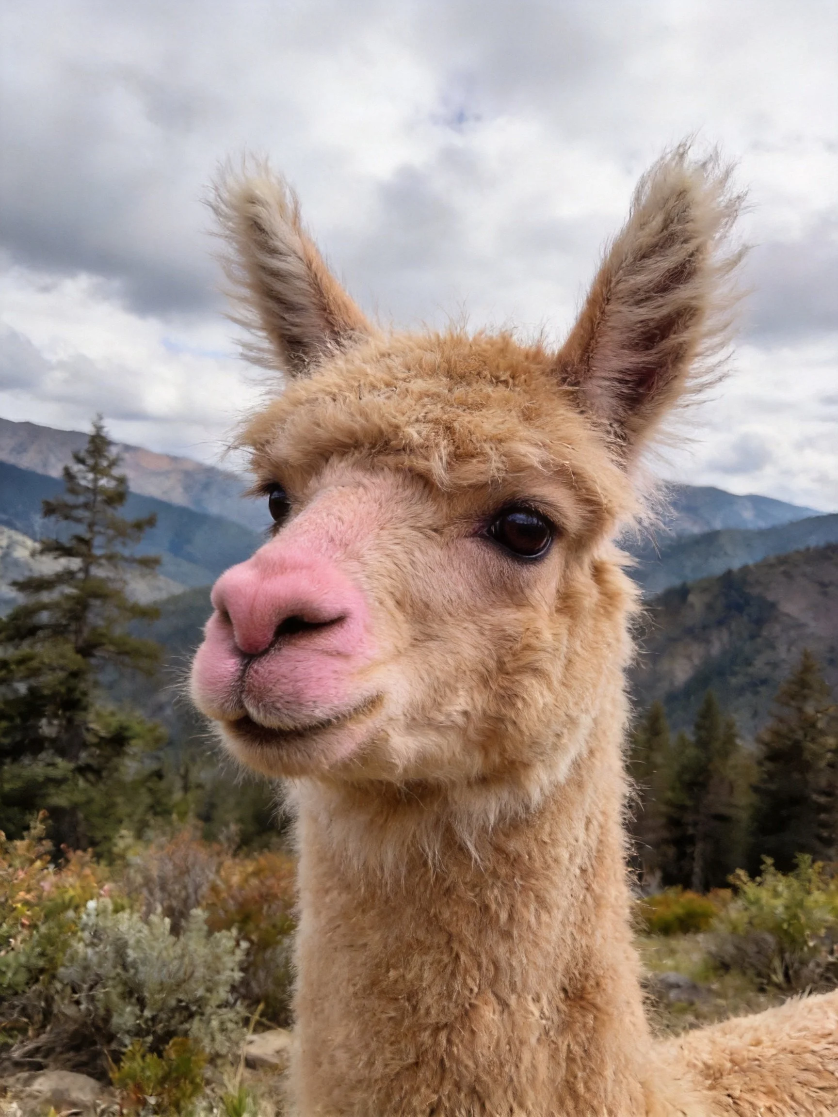 A fluffy tan alpaca with pink snout near forested mountains