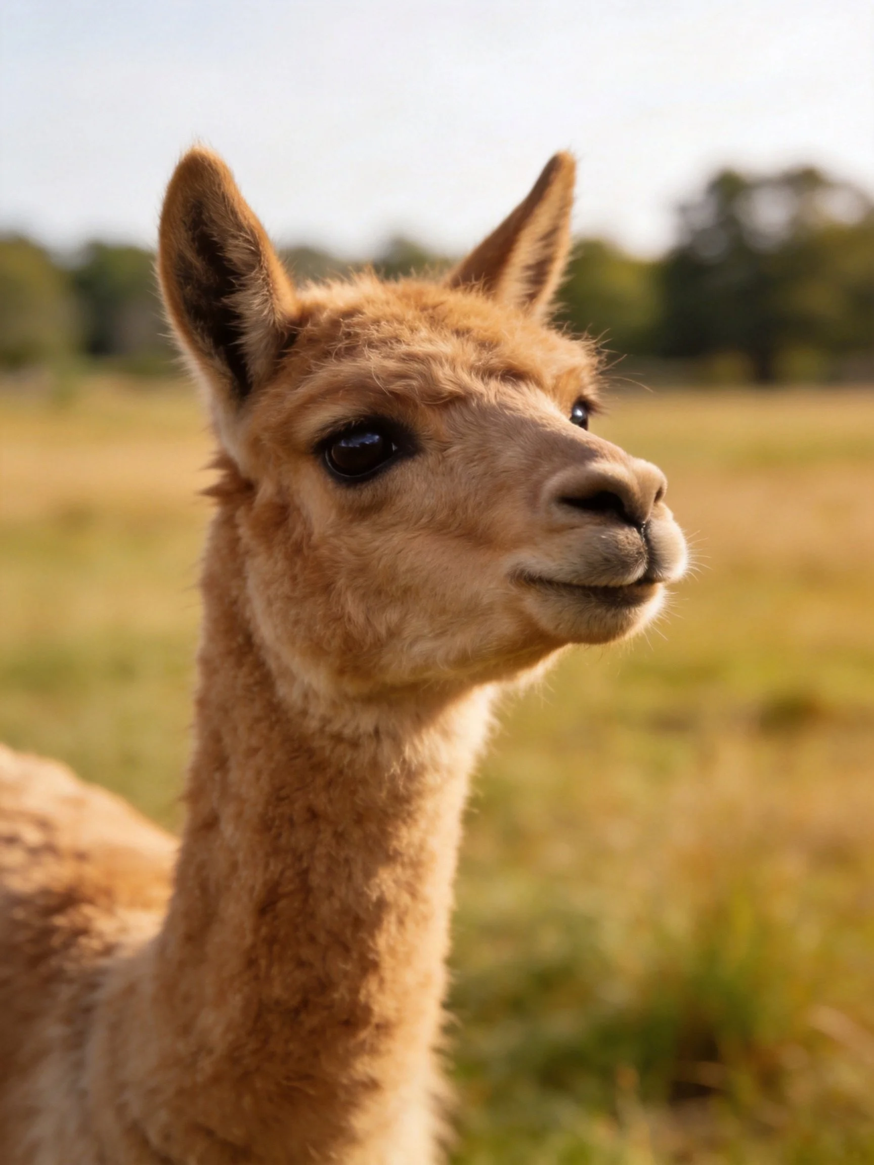 A fluffy tan baby alpaca gazes curiously in a sunlit field