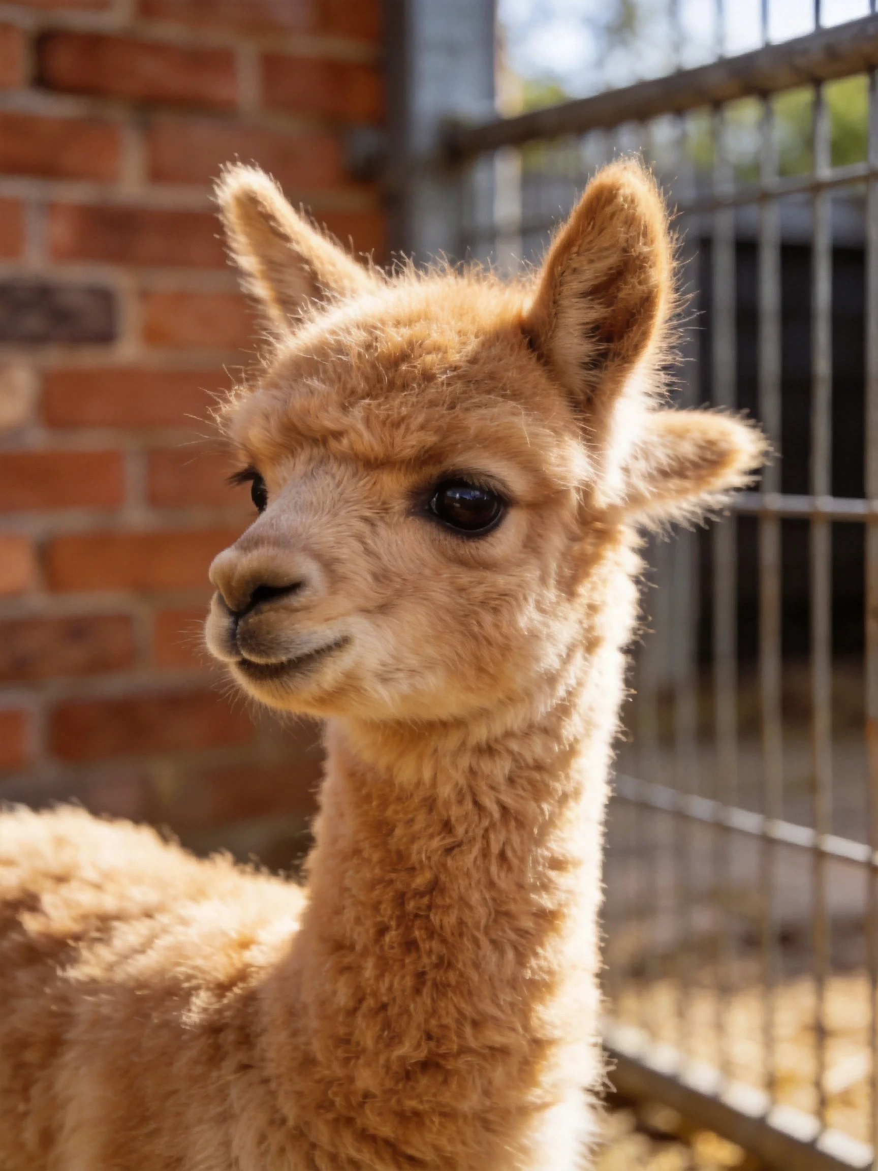 A fluffy tan baby alpaca near a red brick wall and metal fence