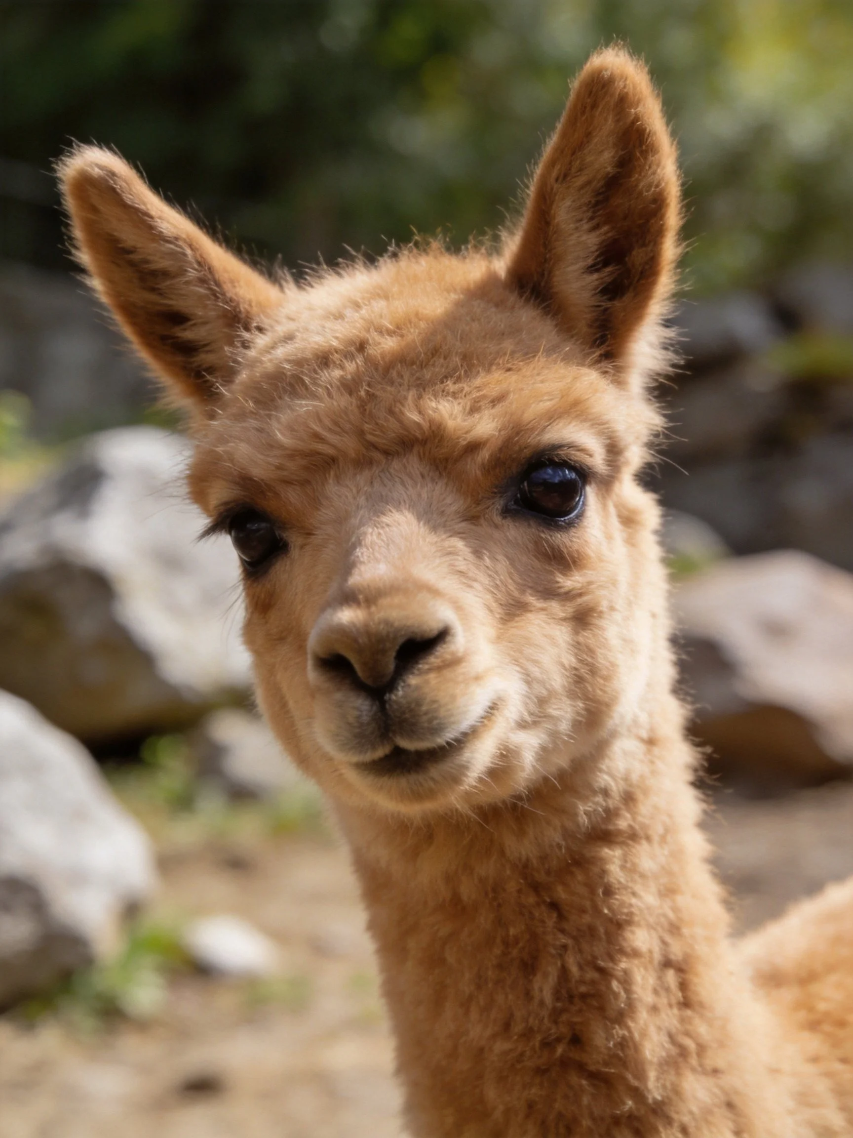 A fluffy tan baby alpaca near large rocks in nature