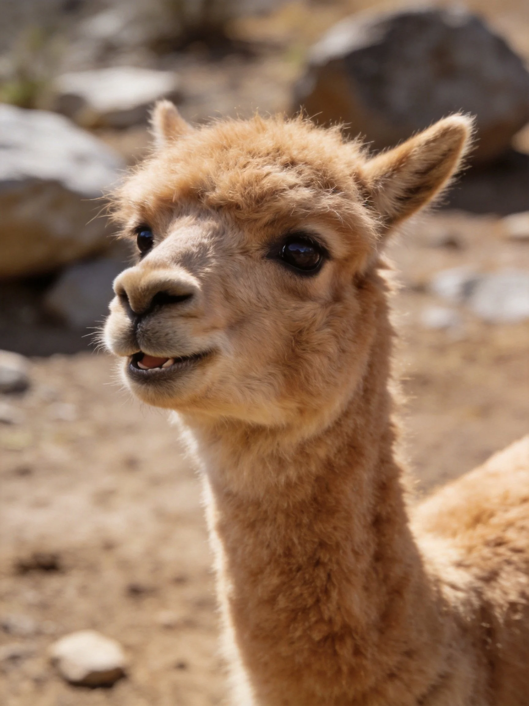 A fluffy tan baby alpaca near rocky terrain in bright daylight