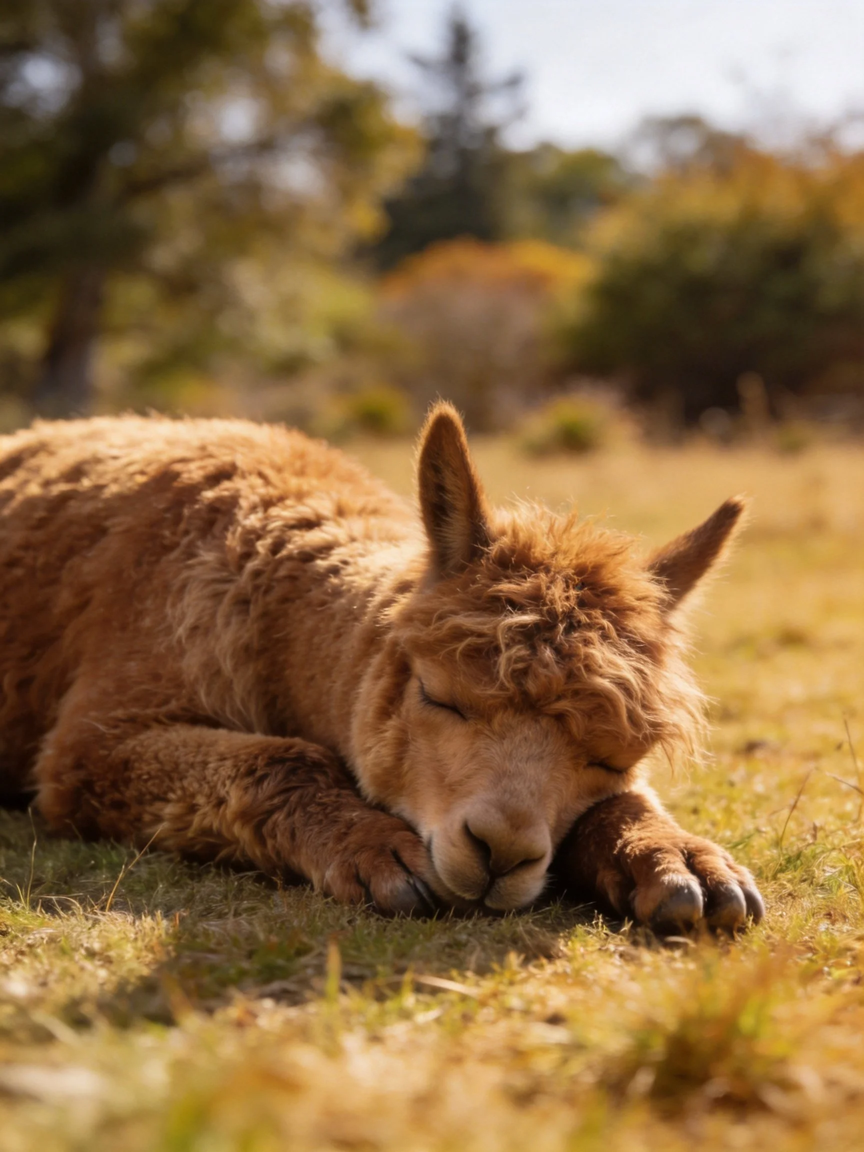 A fluffy tan baby alpaca resting on golden grass in a sunlit field