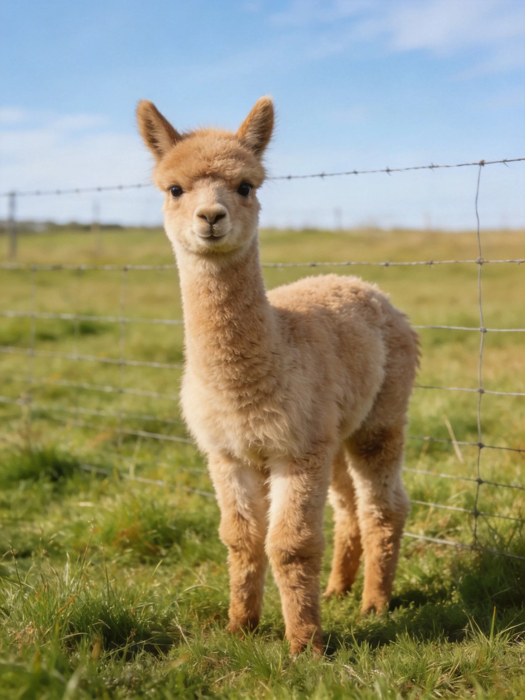 A fluffy tan baby alpaca stands by a wire fence in a green pasture