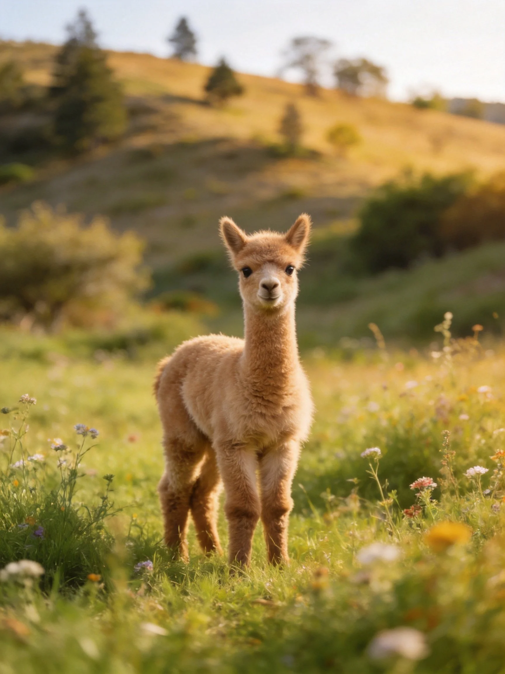 A fluffy tan baby alpaca stands in a flower-filled meadow near rolling hills